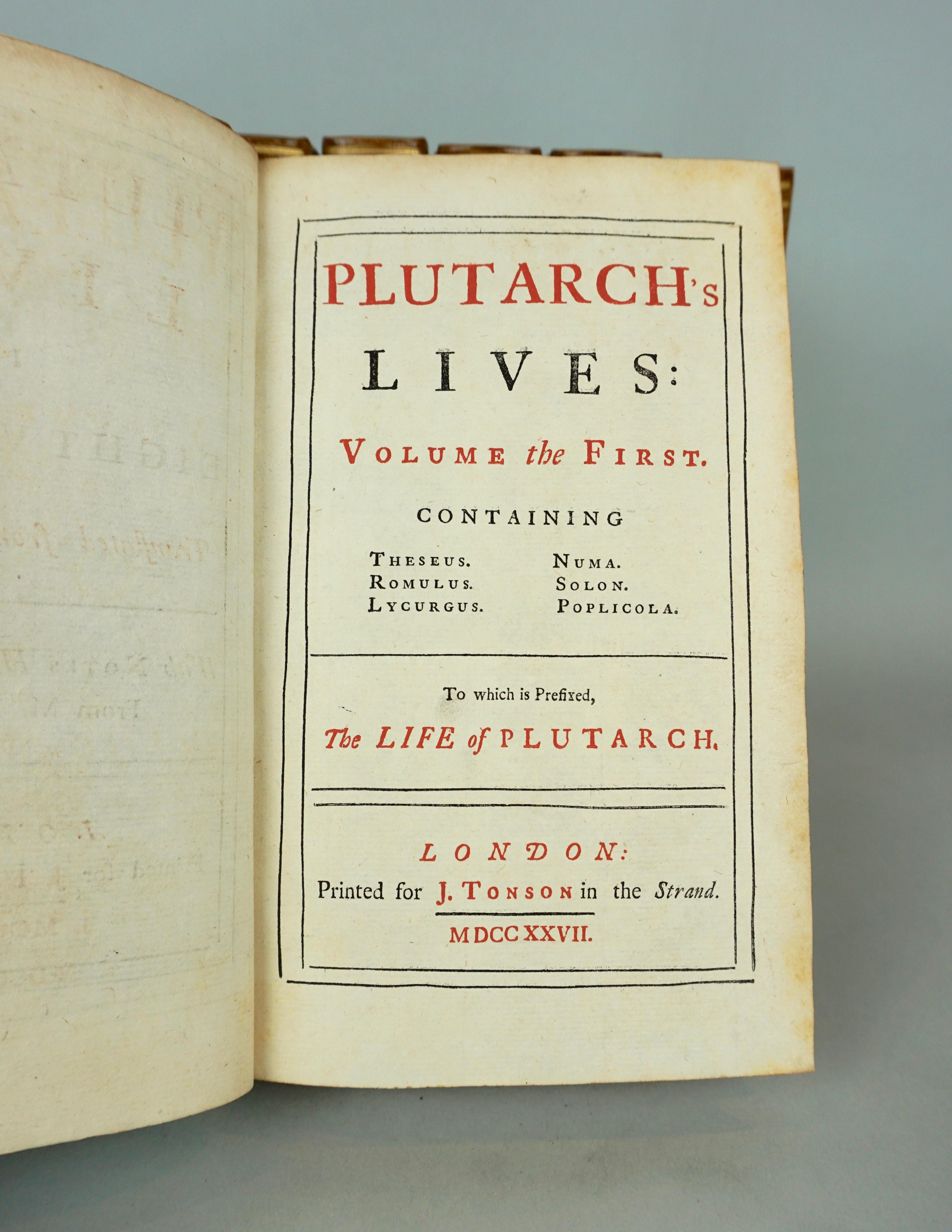 Plutarch's Lives in 8 Leatherbound Volumes Published London, J. Tonson 1727 In Good Condition In San Francisco, CA