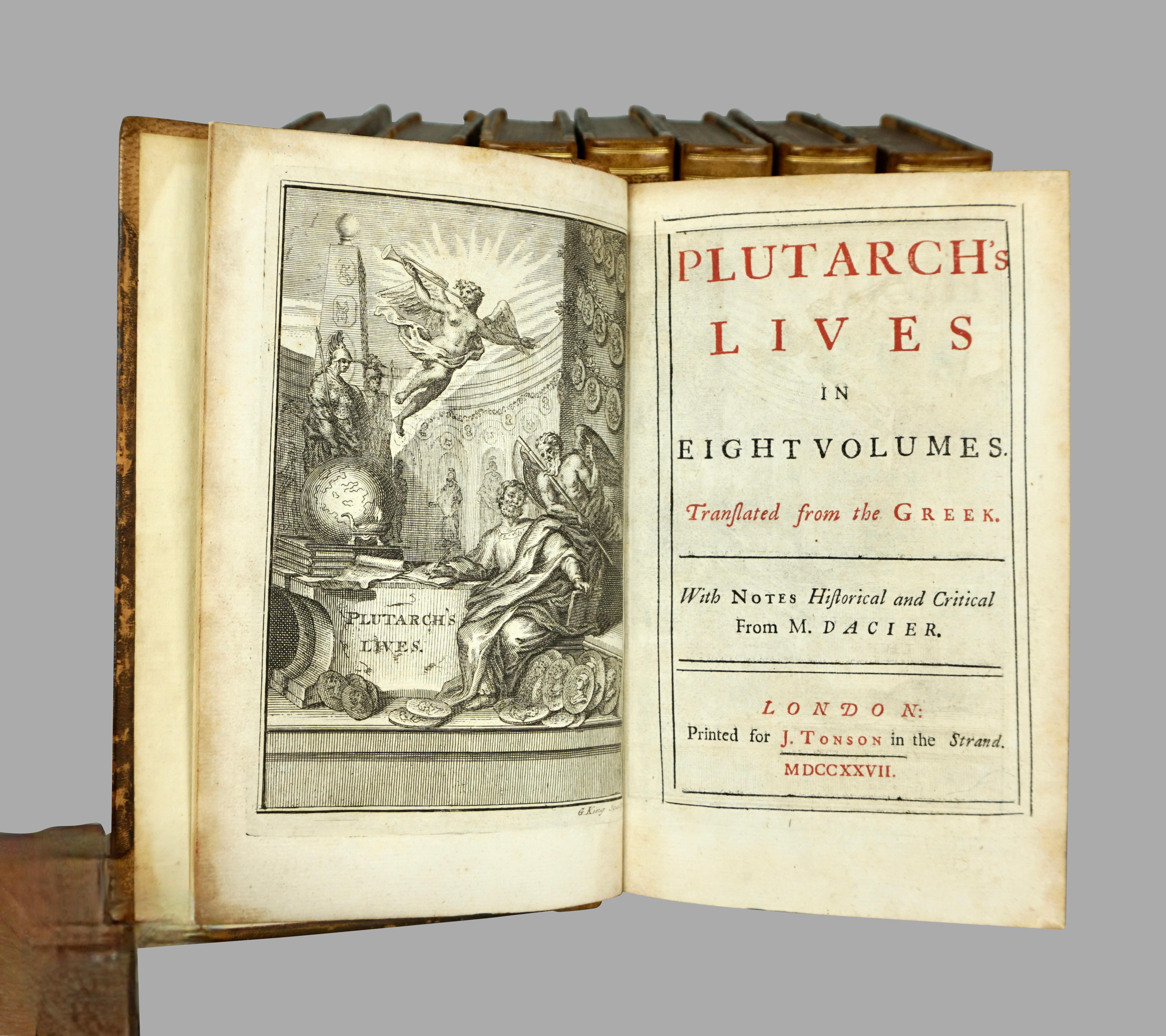 Early 18th Century Plutarch's Lives in 8 Leatherbound Volumes Published London, J. Tonson 1727