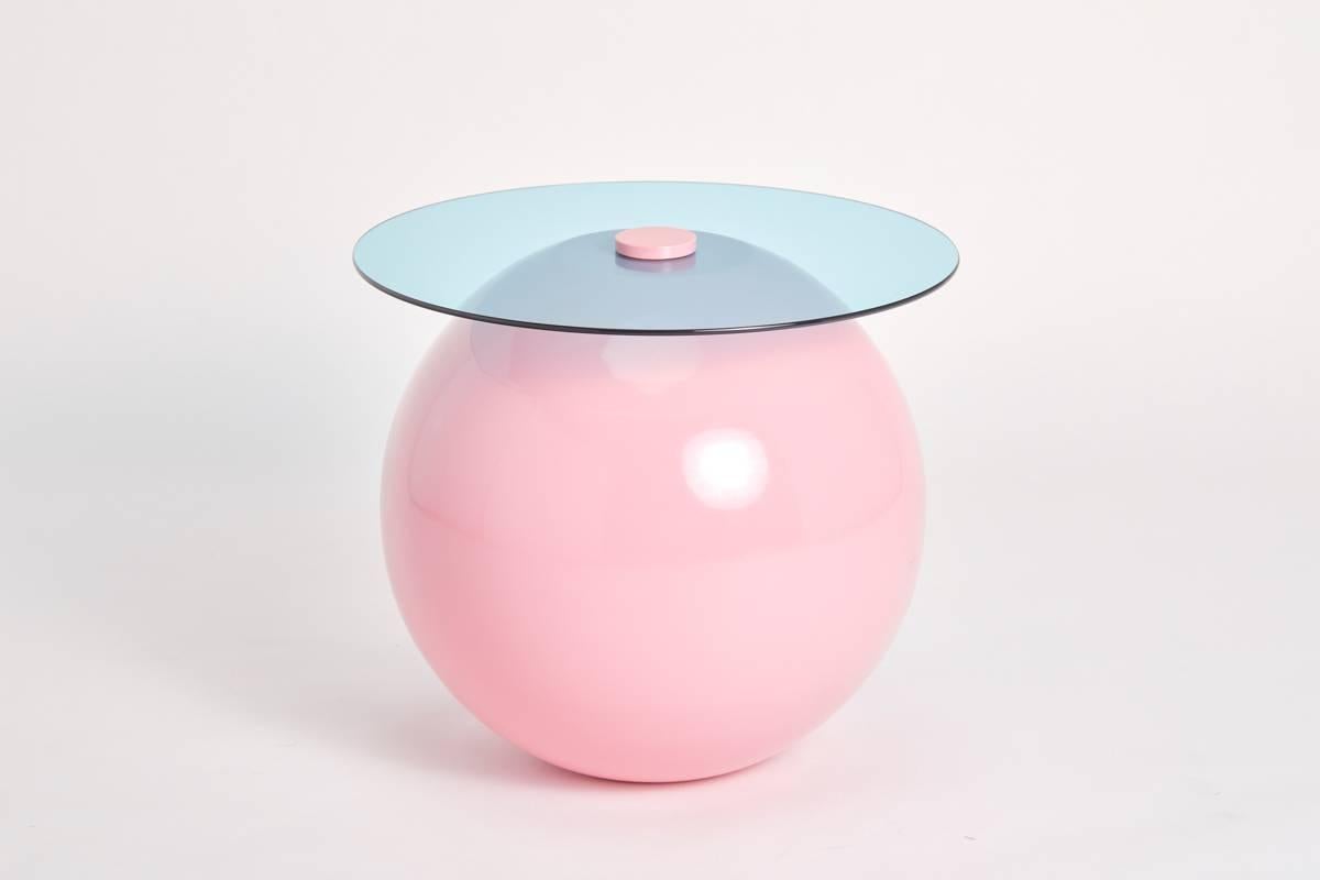Spun Pluto Table, Powder Pink with Blue Glass For Sale