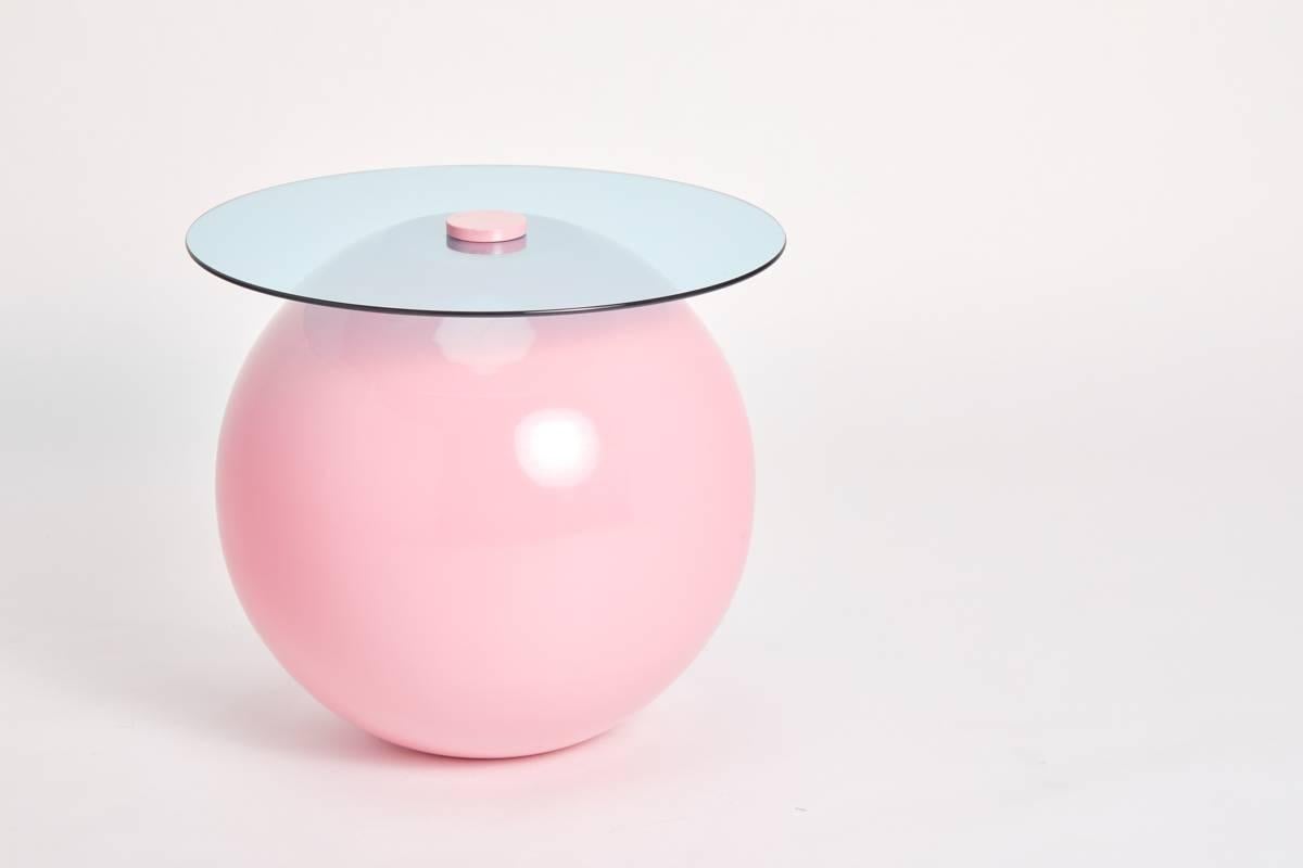 Pluto Table, Powder Pink with Blue Glass In New Condition For Sale In Vancouver, British Columbia