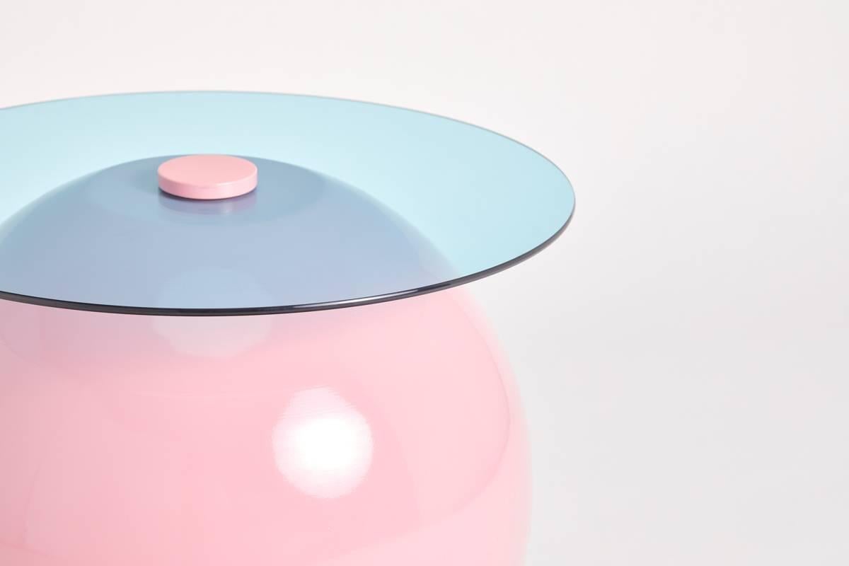 Contemporary Pluto Table, Powder Pink with Blue Glass For Sale