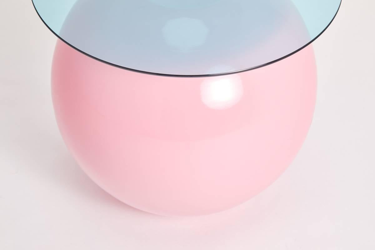 Aluminum Pluto Table, Powder Pink with Blue Glass For Sale