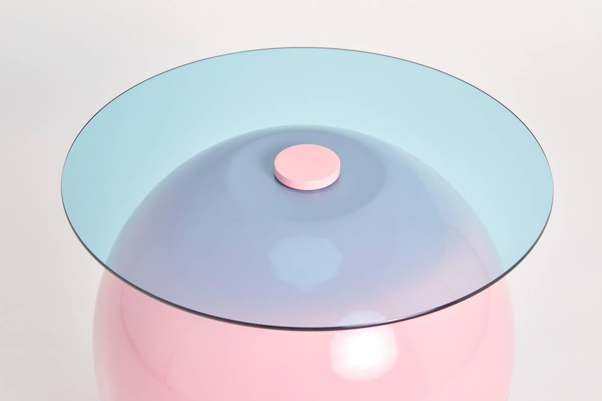 Pluto Table, Powder Pink with Blue Glass For Sale 1