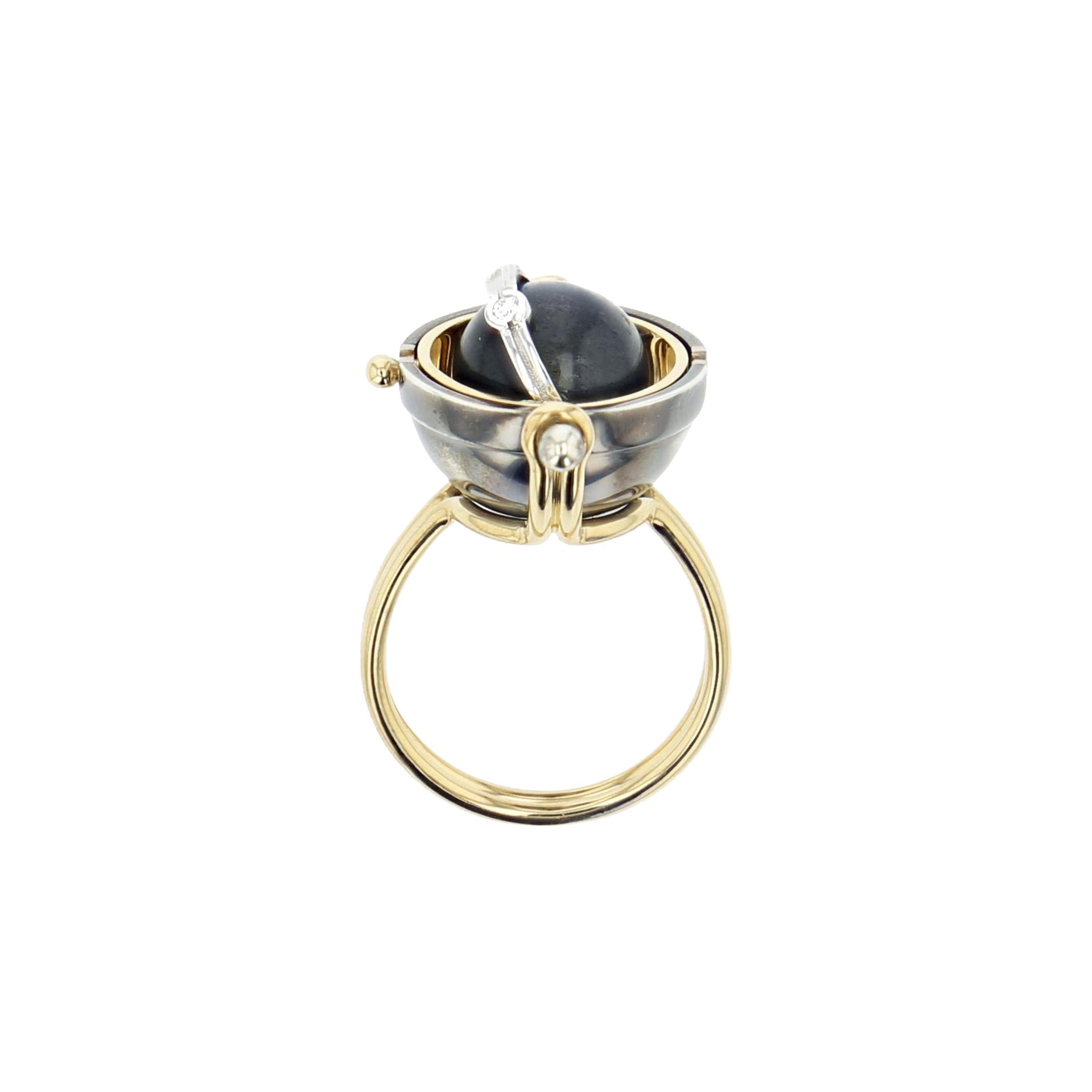 Labradorite Diamond Sphere Ring in 18k yellow gold by Elie Top