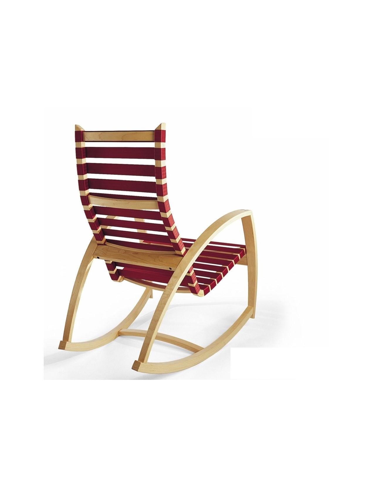 Modern Plybent Maple Rocking Chair with Raspberry Strap Seat, Made in the USA For Sale