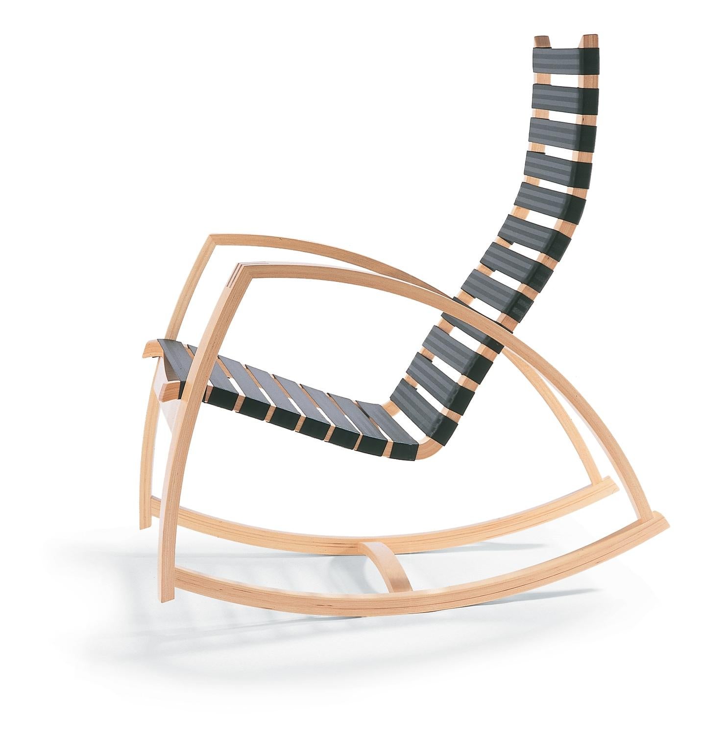 Modern Plybent Rocking Chair with Red Strap Seat Handcrafted in the USA For Sale