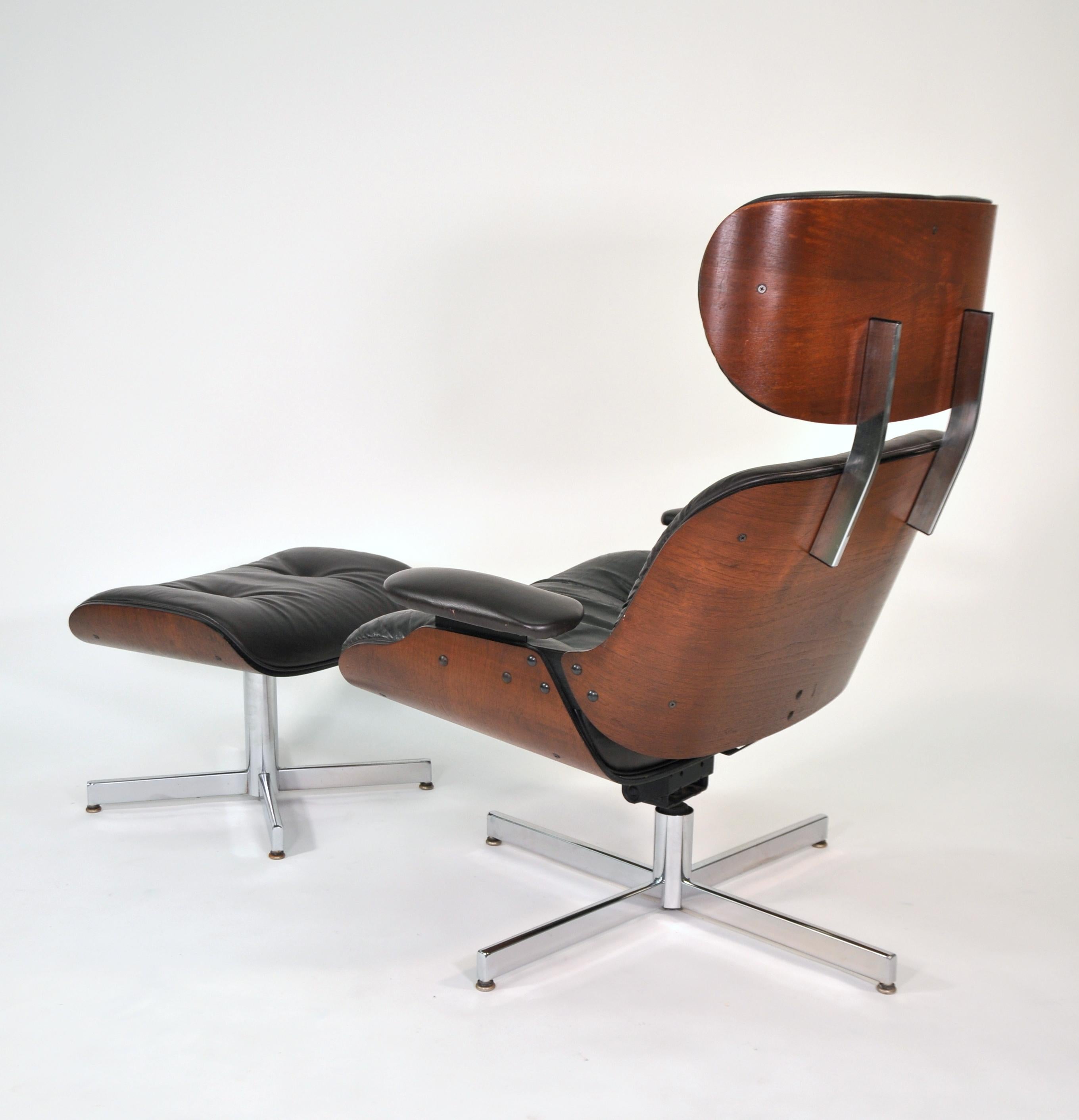 American Plycraft Brown Leather Lounge Chair and Ottoman
