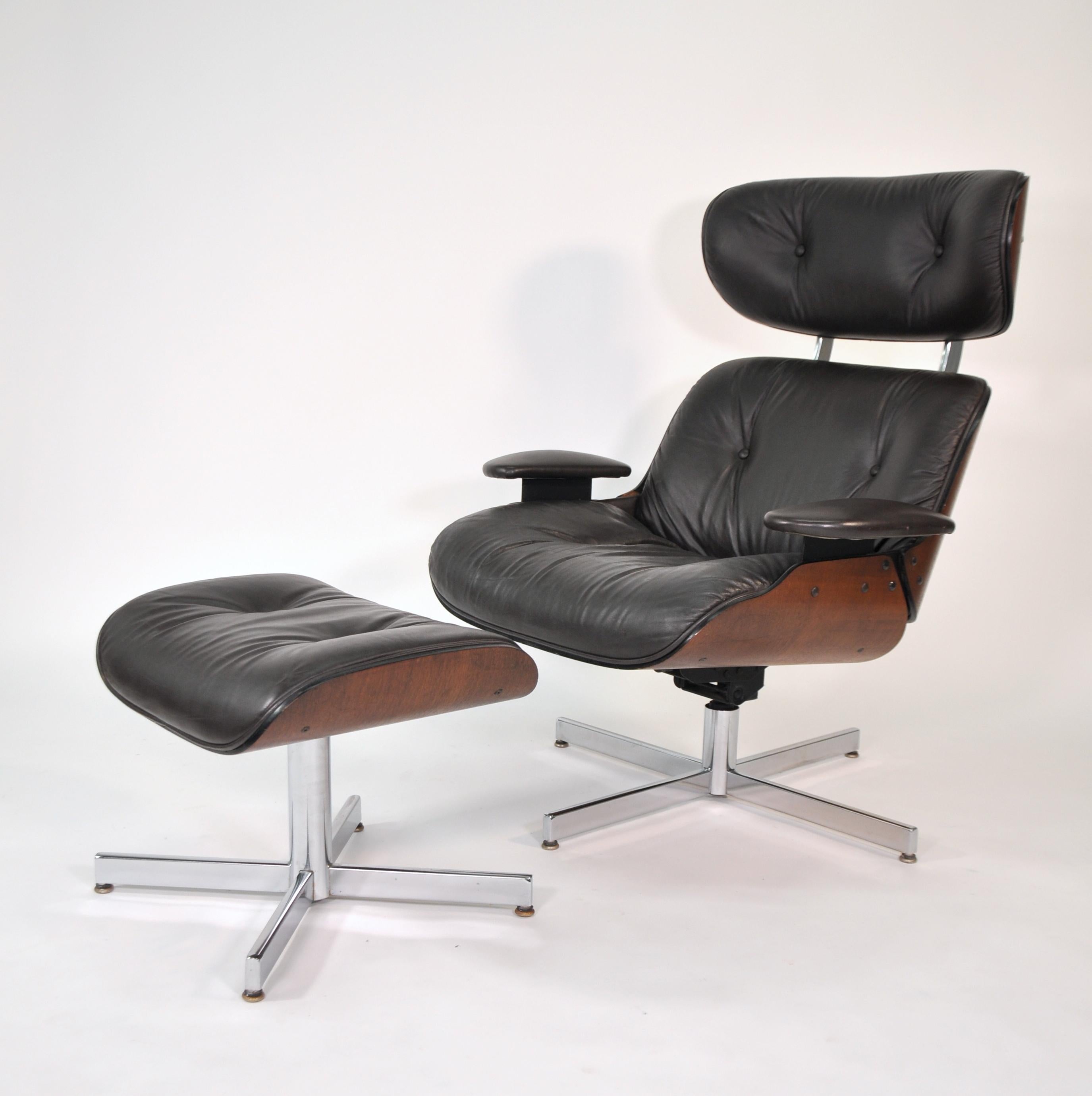 Mid-20th Century Plycraft Brown Leather Lounge Chair and Ottoman