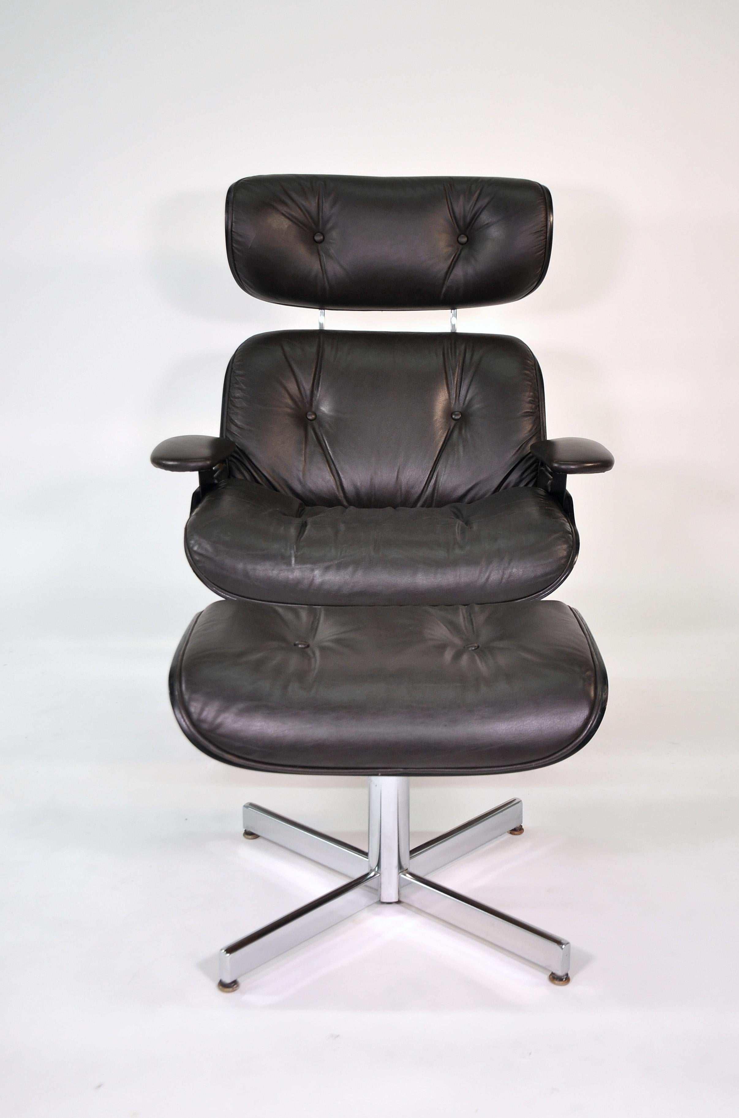 Chrome Plycraft Brown Leather Lounge Chair and Ottoman