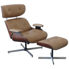 Plycraft Eames Style Leather Lounge Chair and Ottoman