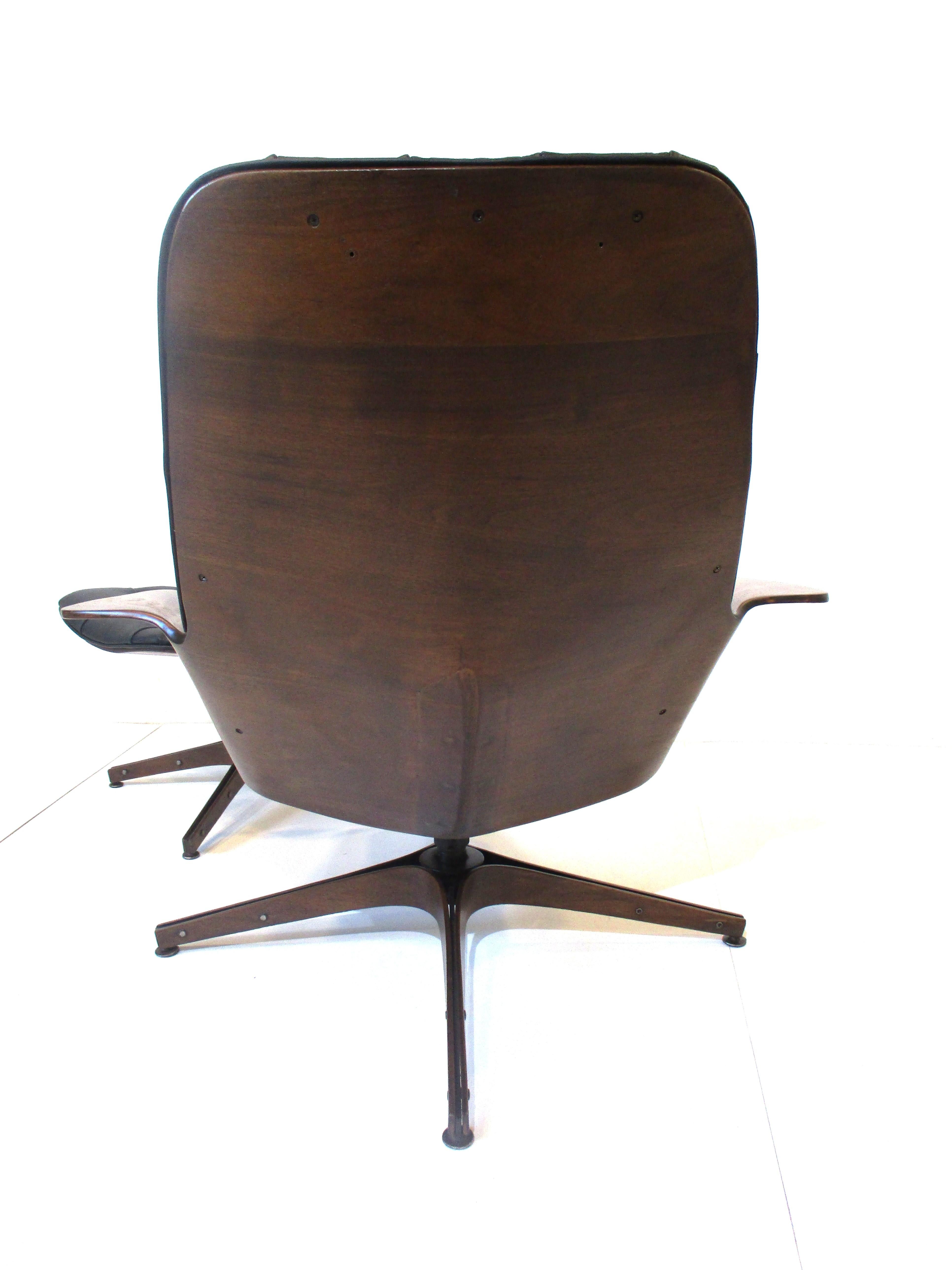 Mid-Century Modern Plycraft Mr. Chair Walnut and Leather Lounge with Ottoman by George Mulhauser