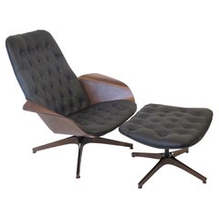 Fauteuil Mr. Plycraft en noyer et cuir avec pouf de George Mulhauser 