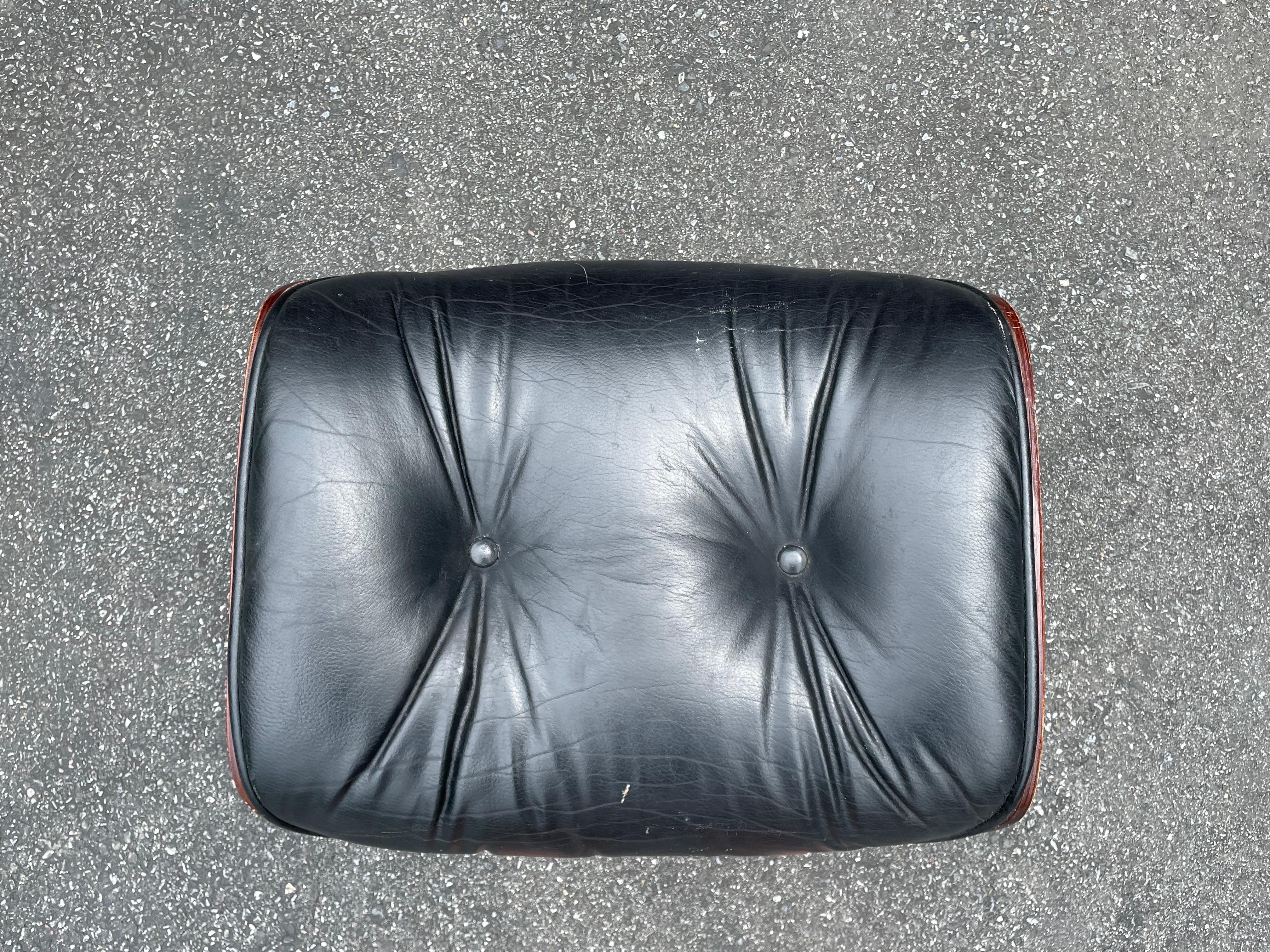 20th Century Plycraft/Selig/Eames Style Ottoman in Black Leather or Vinyl and Walnut