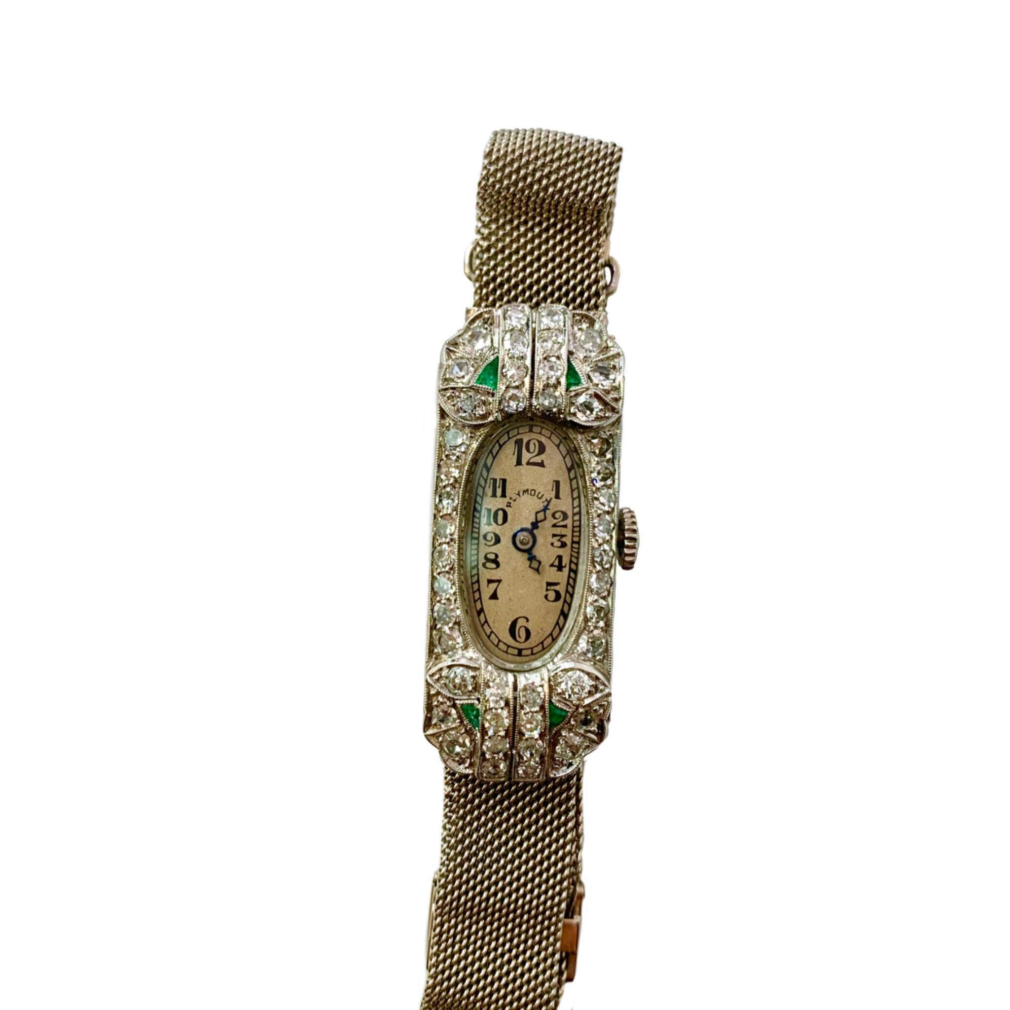 Round Cut Plymouth Art Deco Diamond and Emerald Platinum and 14 Karat Gold Women's Watch For Sale