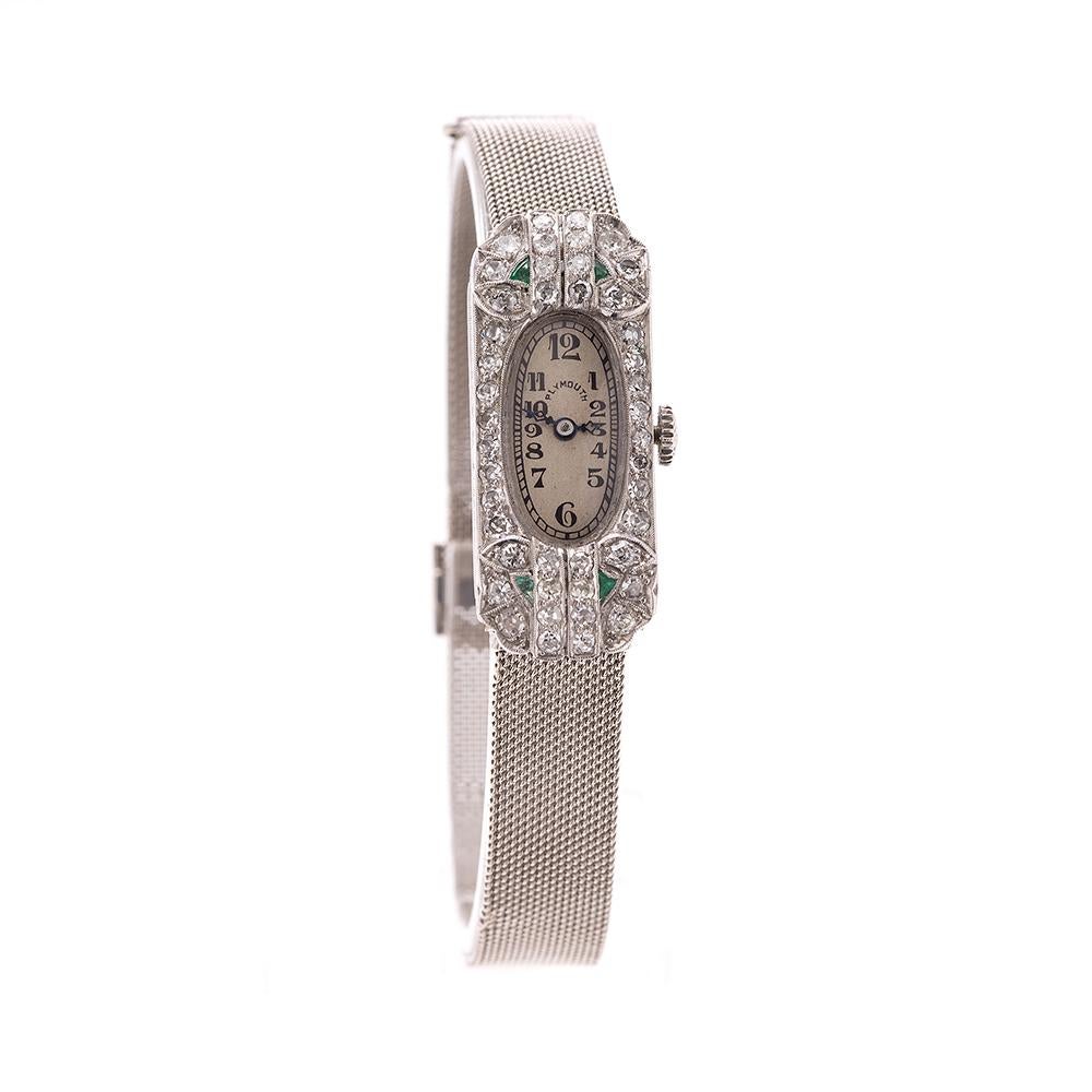Plymouth Art Deco Diamond and Emerald Platinum and 14 Karat Gold Women's Watch For Sale