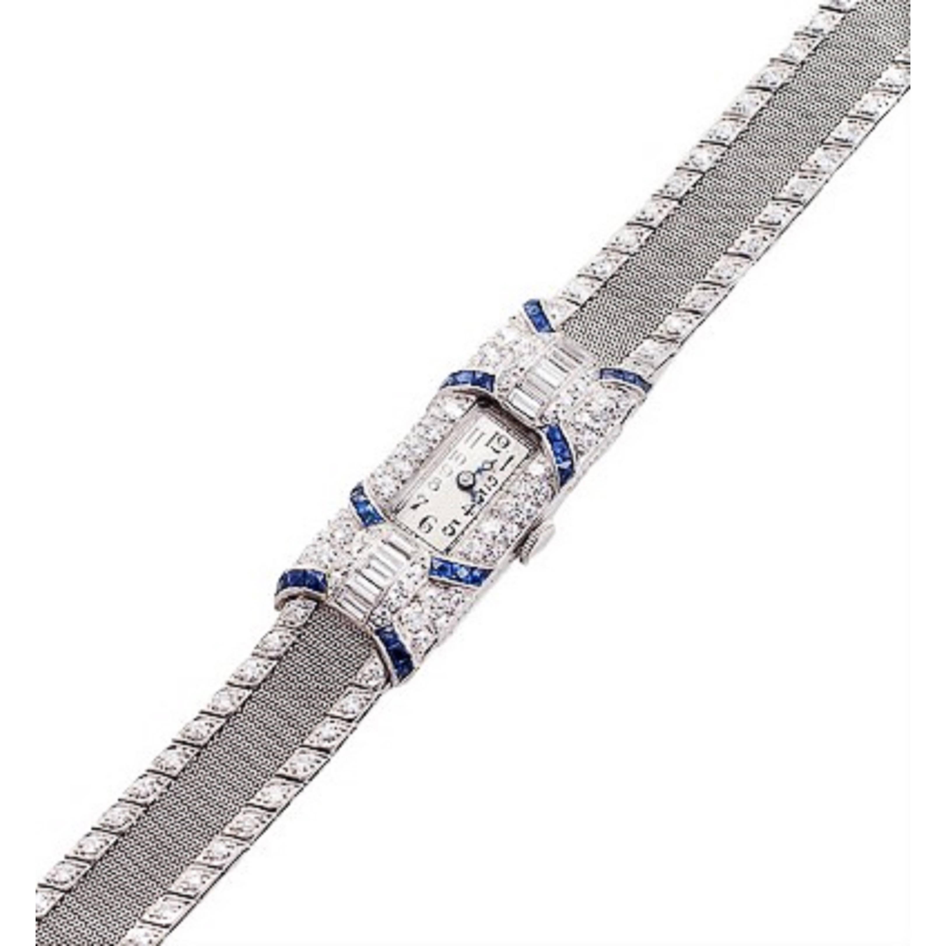 Plymouth Watch Co. Ladies Platinum Diamond Sapphire Wristwatch For Sale