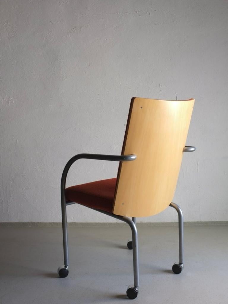 Scandinavian Modern Plywood Back Rolling Armchair, Scandinavian 1980s For Sale