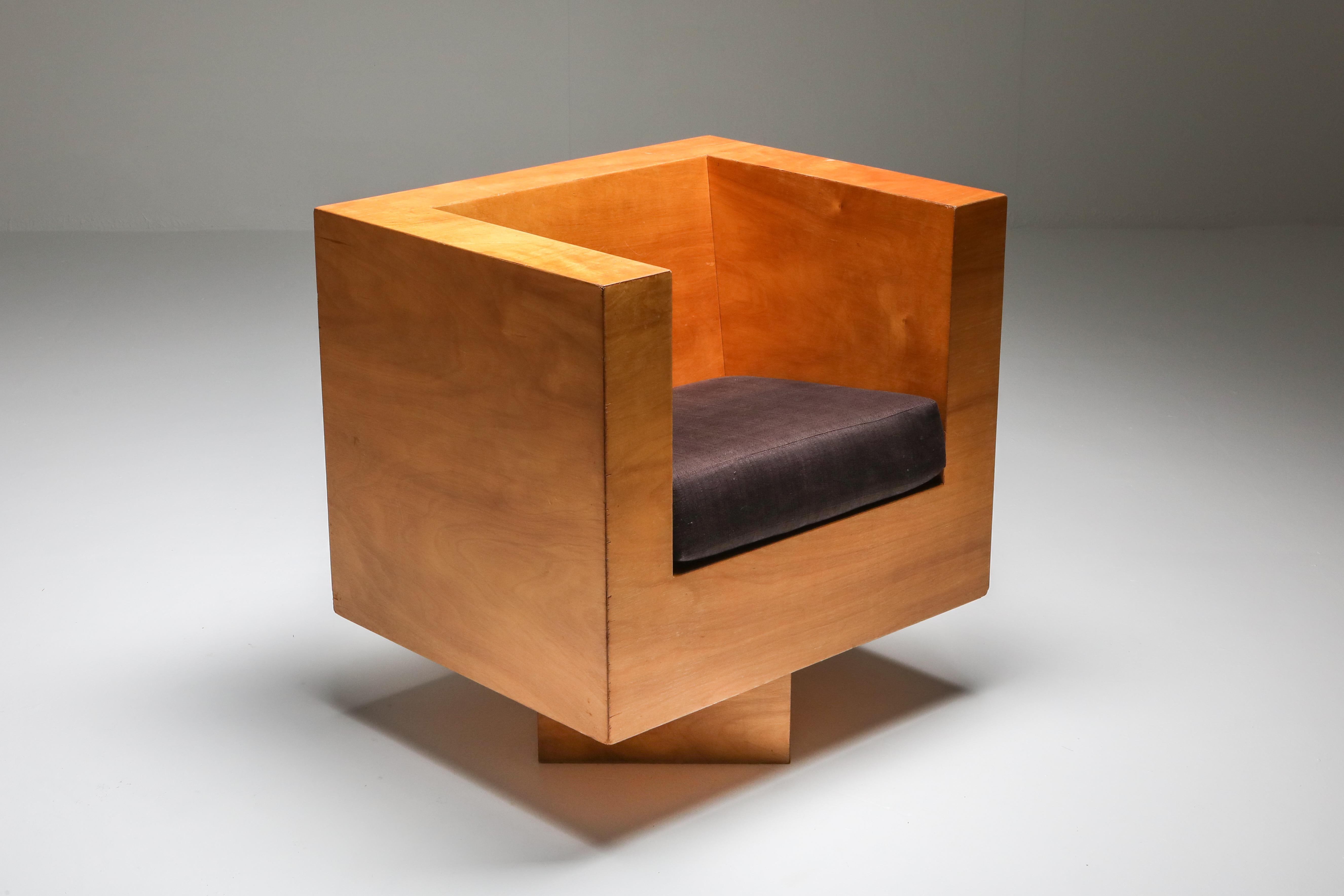 Birch plywood cube armchairs, Switzerland, 1970s

Unknown design piece sourced from a private client in Switzerland.
Revolving Minimalist modern armchair.

