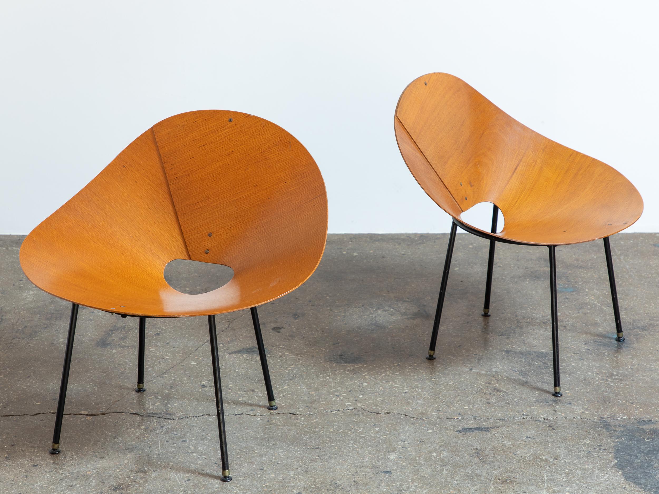 Rare Kone lounge chairs, designed by Australian industrial designer Roger McLay. The seat is formed from a single sheet of plywood, bent into a sleek cone shape. Black steel frame provides sturdy support.  An important Australian design, the chairs