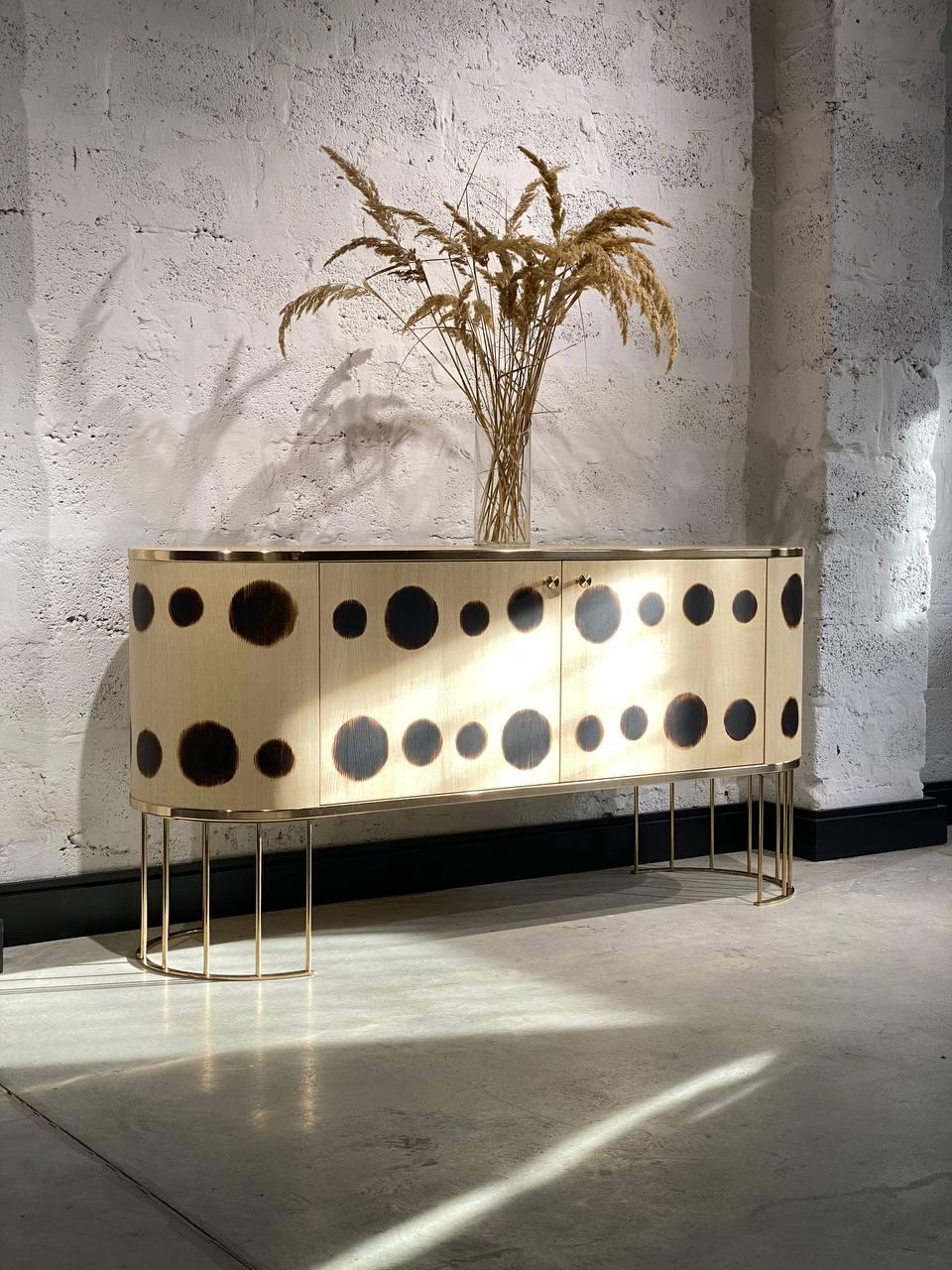 Art Deco Plywood Sideboard with the Brass Legs, Bugs Collection, for Bright Interior For Sale