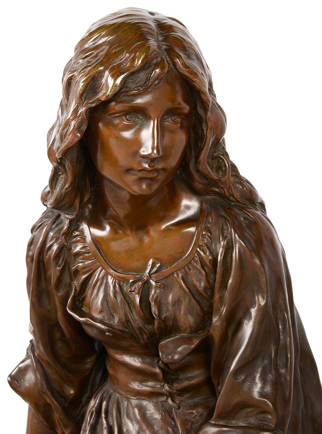French P.Mengin Large Bronze Statue of a Girl with a Mandolin