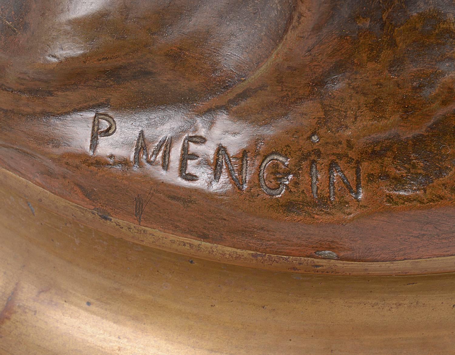 XIXe siècle P.Mengin Grande statue en bronze d'une jeune fille avec une mandoline