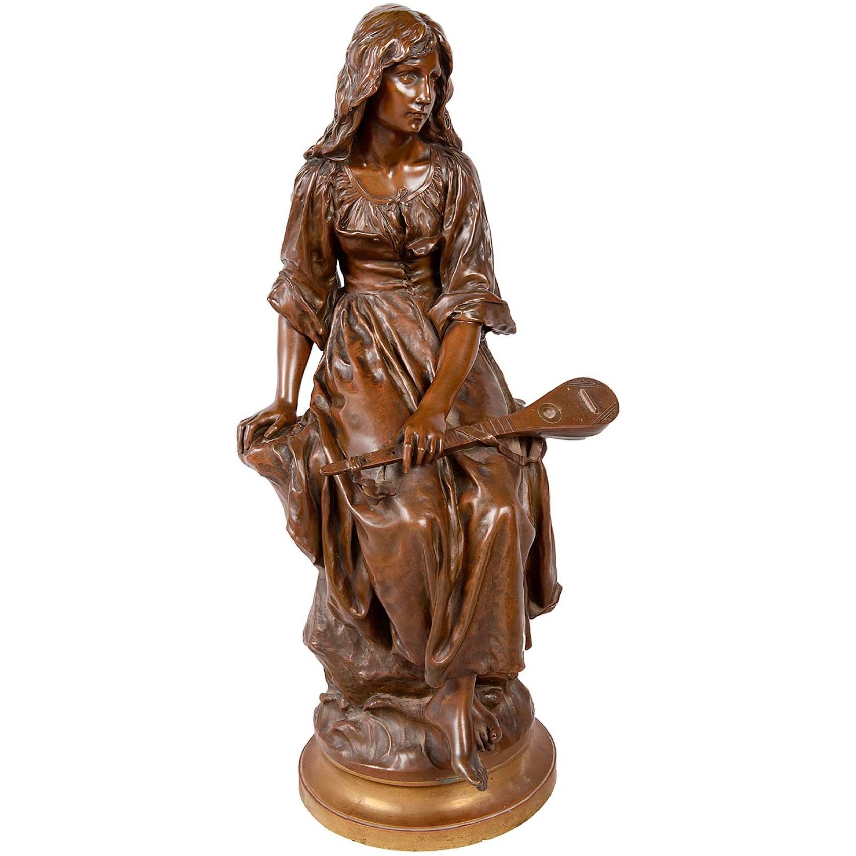 P.Mengin Large Bronze Statue of a Girl with a Mandolin