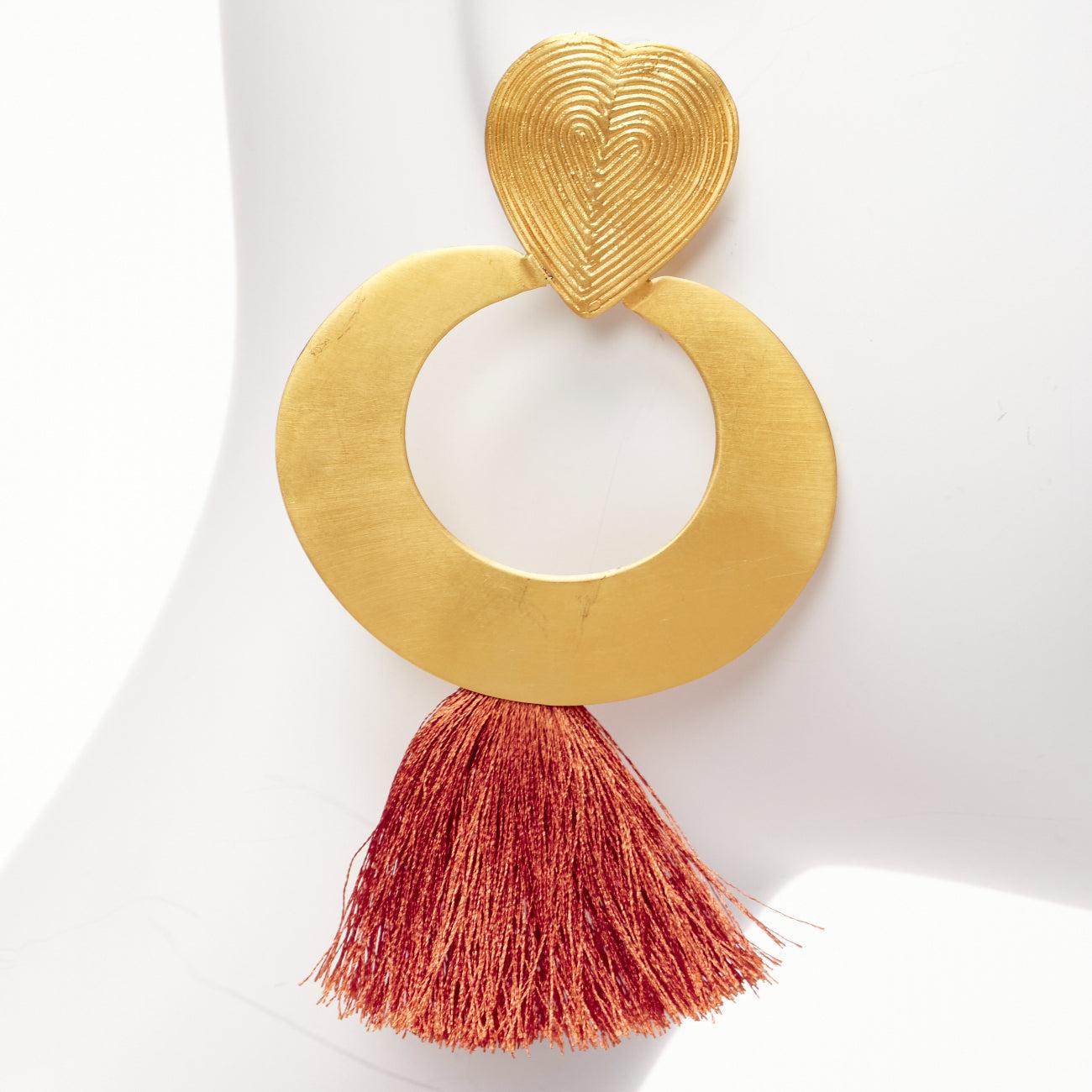 Women's PMX CANO brown gold heart tribal tassel statement pin earrings For Sale
