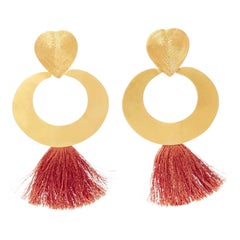 PMX CANO brown gold heart tribal tassel statement pin earrings