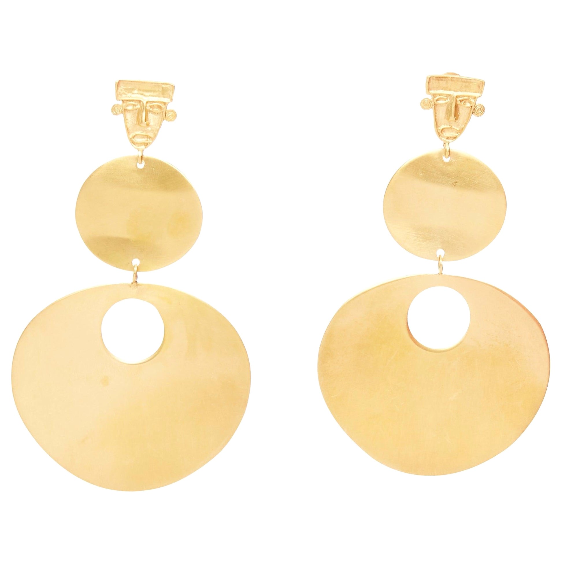 PMX CANO gold tribal face geometric metal plate pin earrings Pair