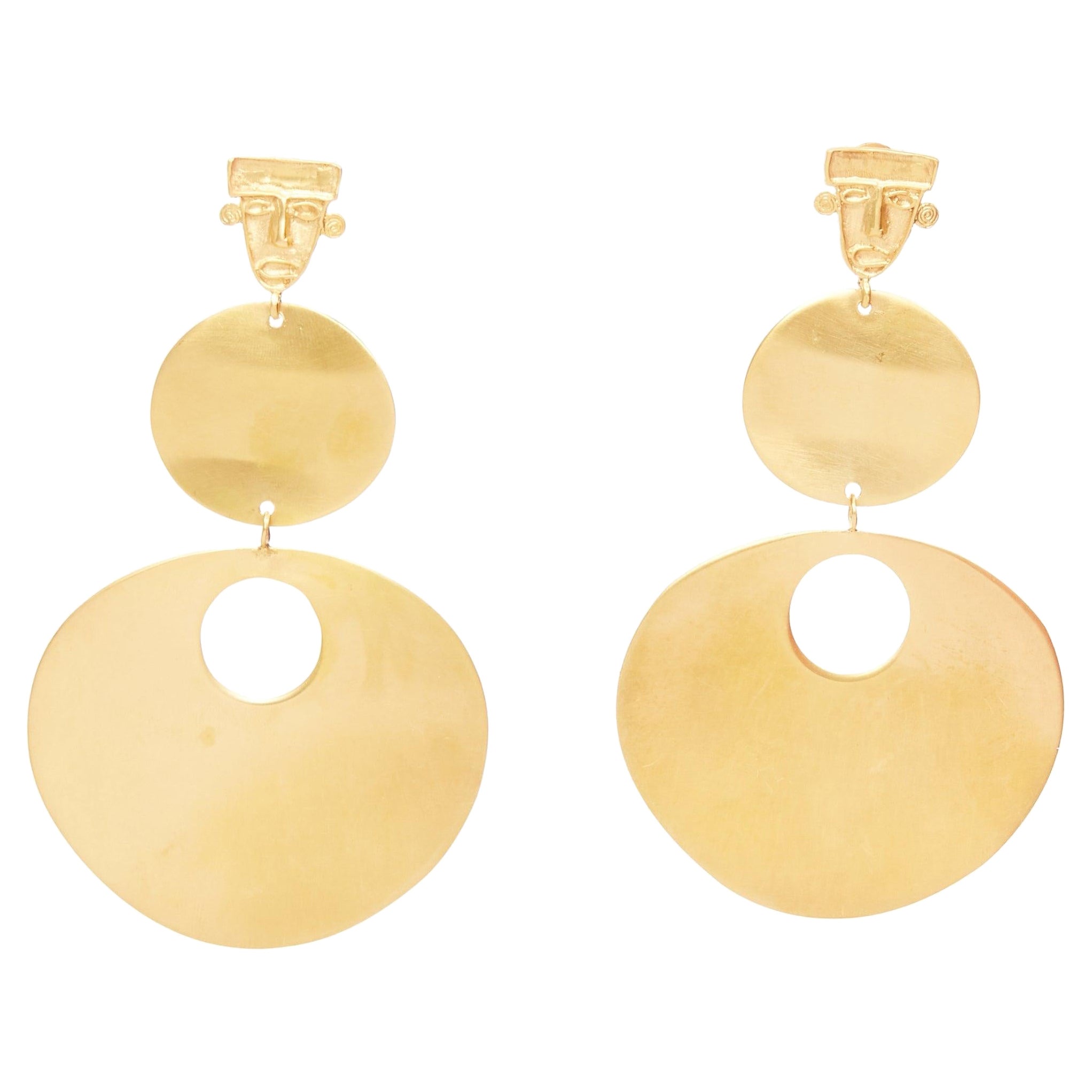 PMX CANO gold tribal face geometric metal plate pin earrings Pair