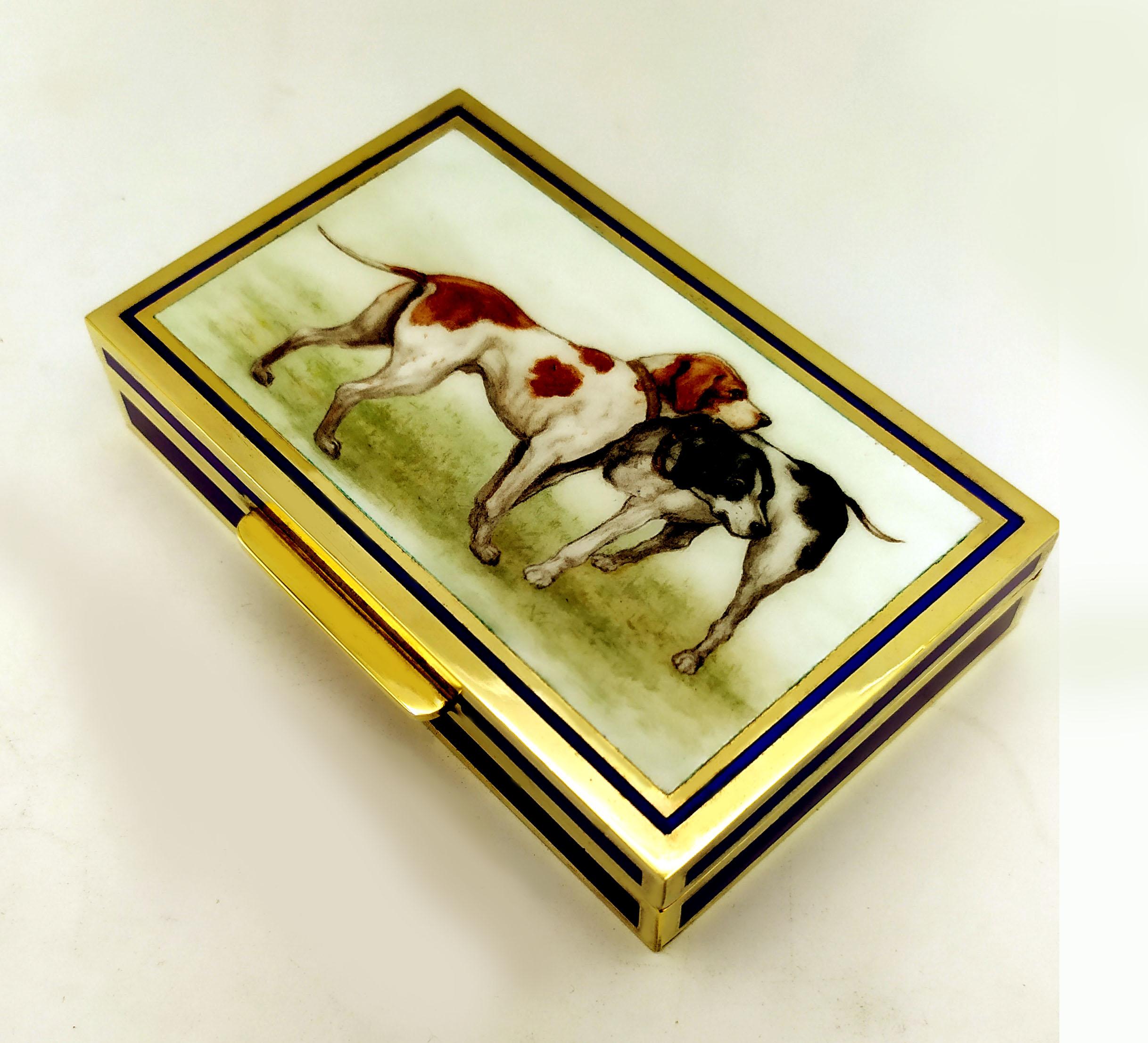Italian Pocket Cigarette Case Hunting Dogs Miniature hand painted Sterling Silver Enamel For Sale