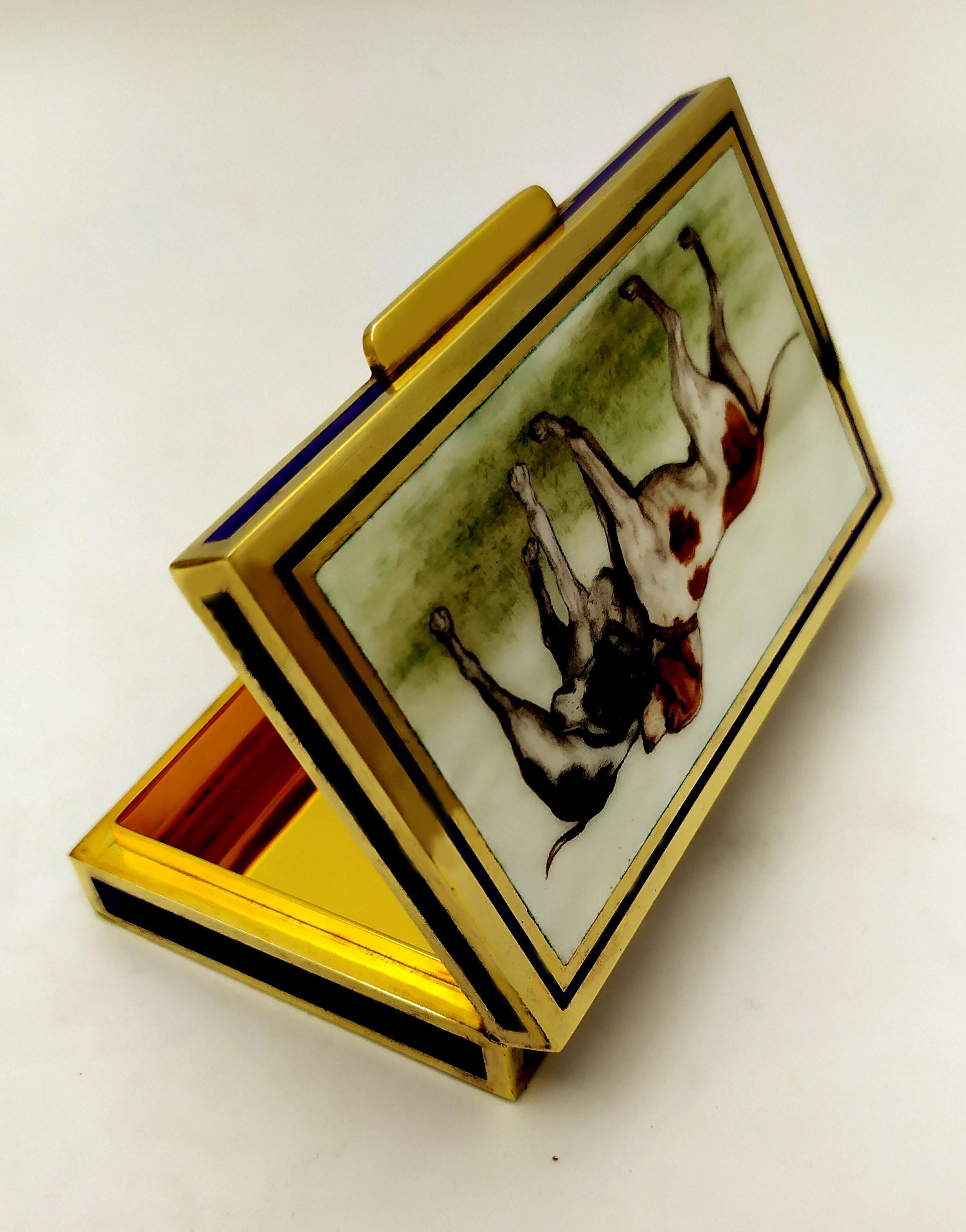 Late 20th Century Pocket Cigarette Case Hunting Dogs Miniature hand painted Sterling Silver Enamel For Sale