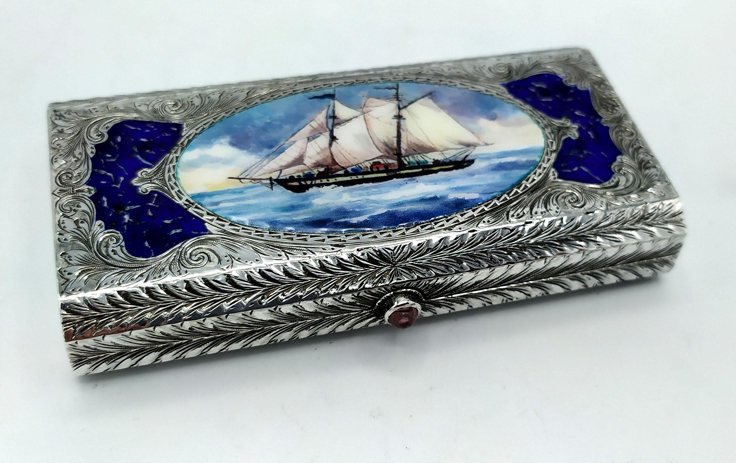 6238-7239- Pocket cigarette case with spring button in 925/1000 fire-enamelled sterling silver with beautiful vessel miniature hand-painted by the painter Renato Dainelli and painted enamel inserts like lapis lazuli stone. Fine finishing with hand