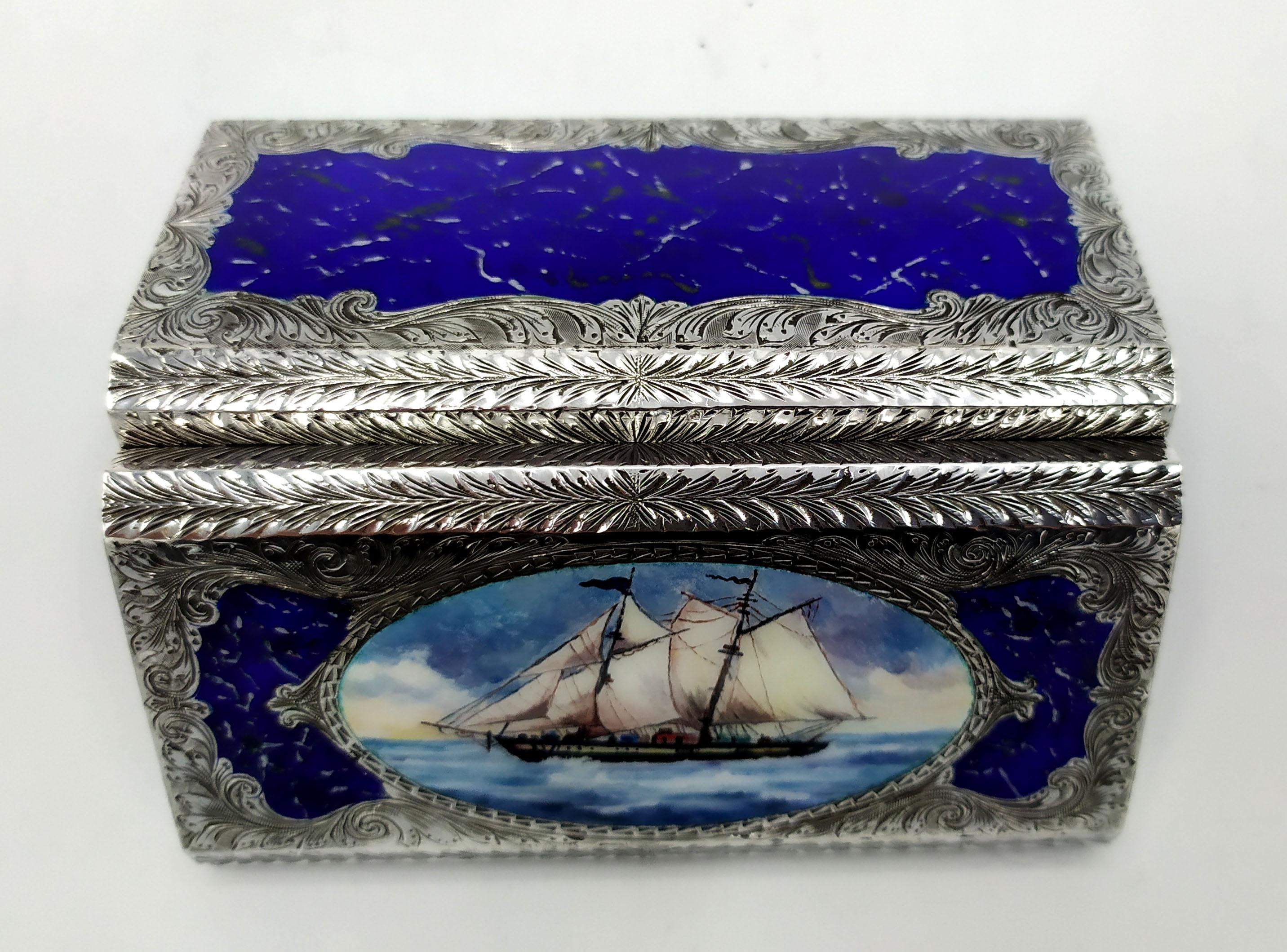 Italian Pocket Cigarette Case Vessel Miniature Hand-Painted Sterling Silver Enamel Salim For Sale