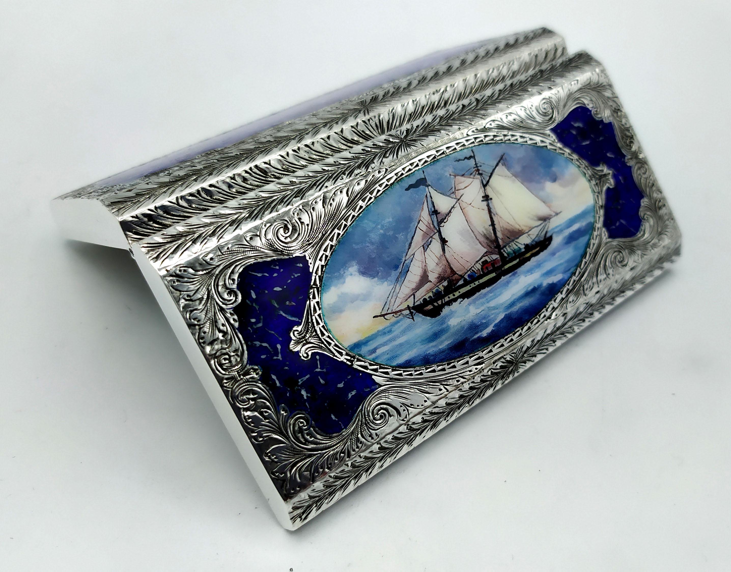 Engraved Pocket Cigarette Case Vessel Miniature Hand-Painted Sterling Silver Enamel Salim For Sale