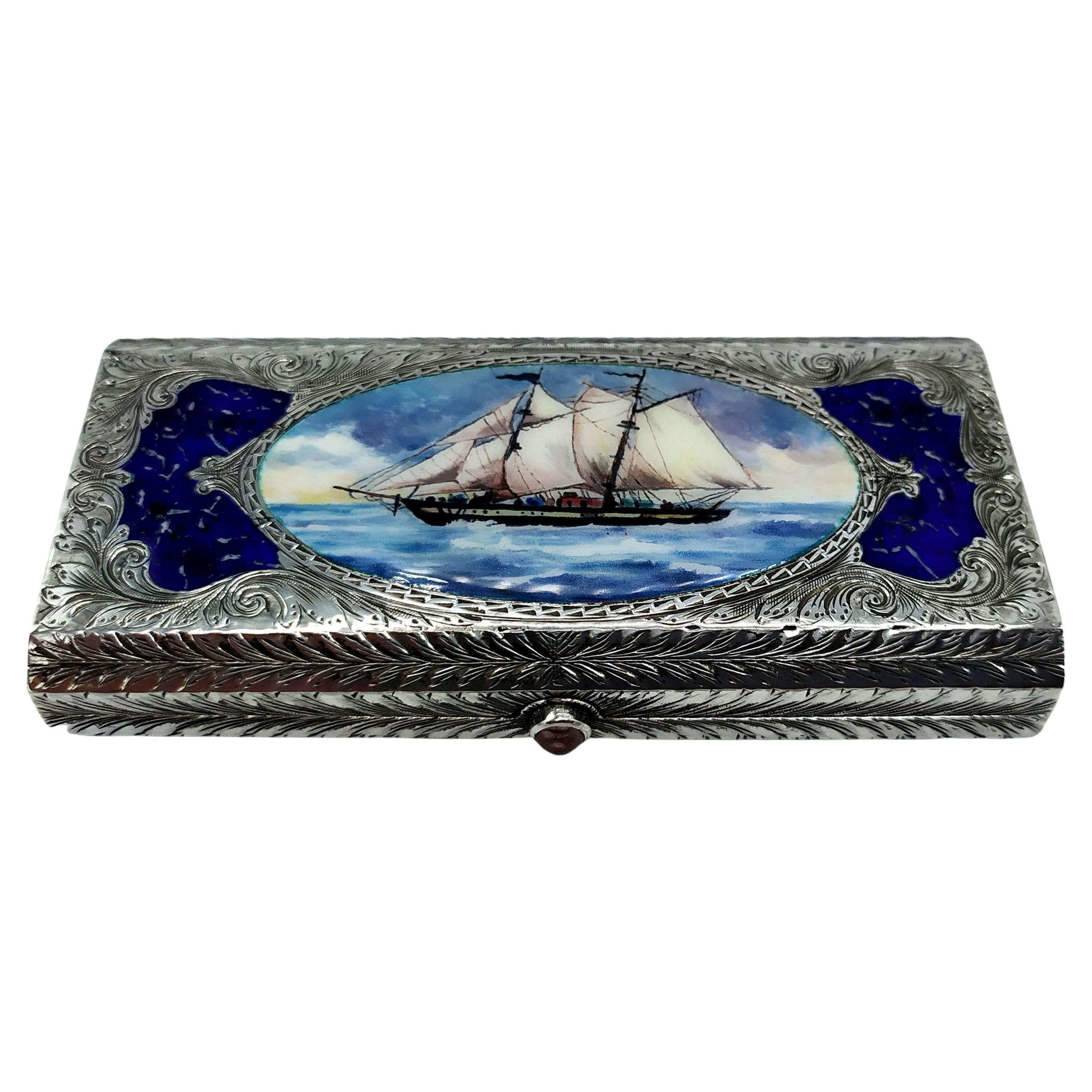 Pocket Cigarette Case Vessel Miniature Hand-Painted Sterling Silver Enamel Salim