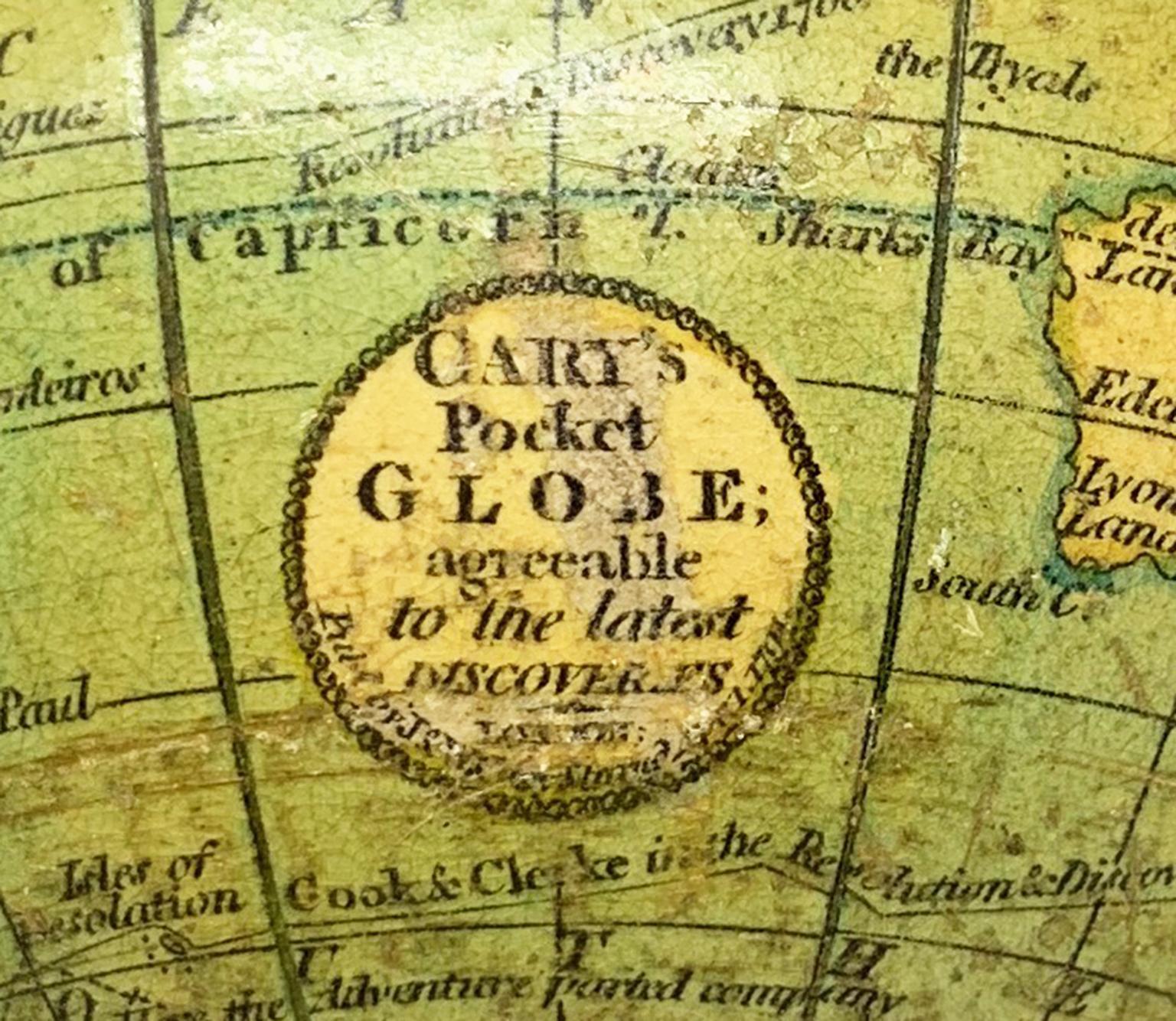 John and William Cary
Pocket globe
London, 1791

The pocket globe is contained in its original case, which itself is covered in shark skin.
Few and slight gaps in the original paint on the sphere. The case no longer closes.
It measures 3 in