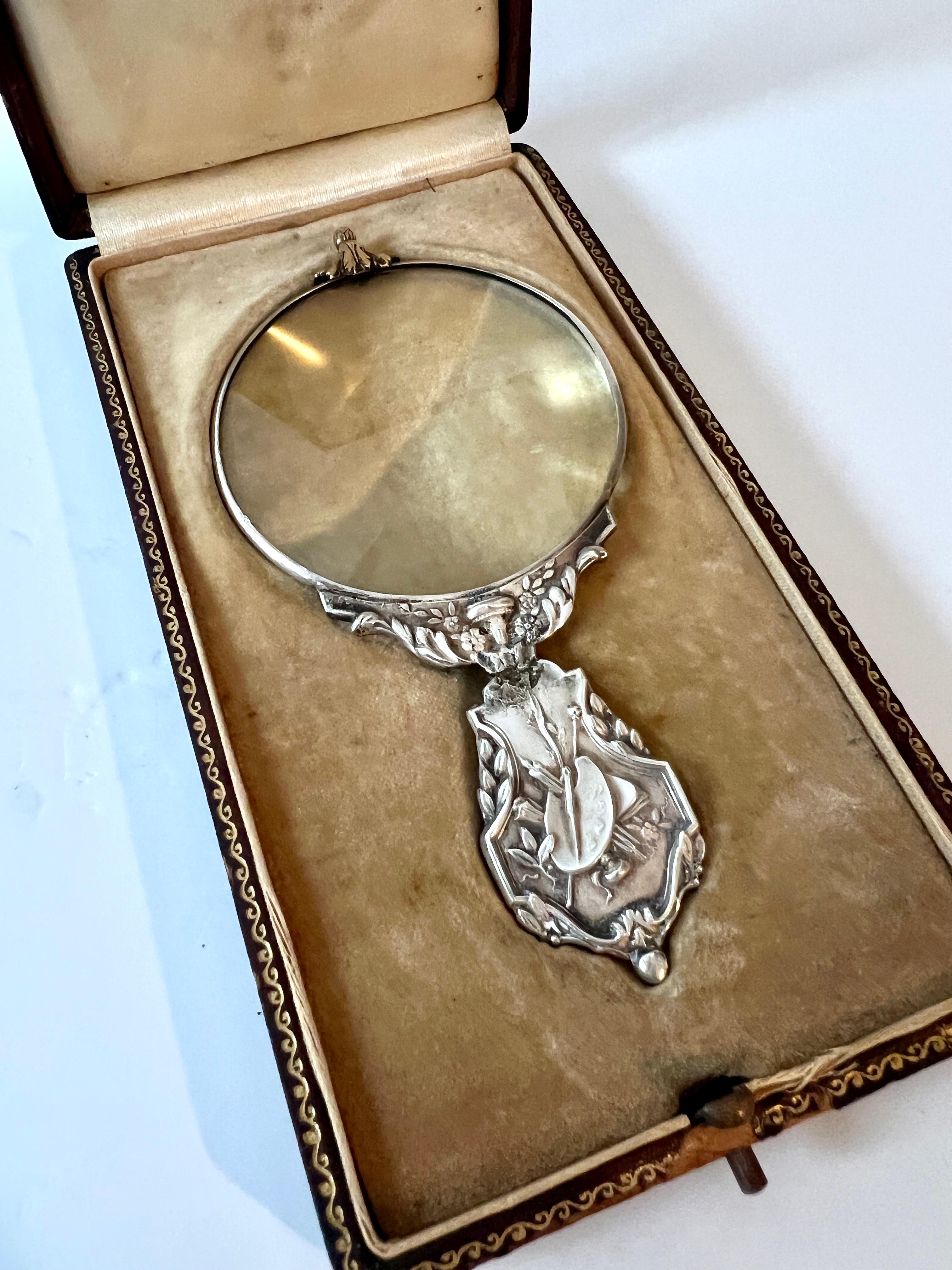 Pocket Magnifying Glass with Sterling Repoussé Handle Detail in Original Box 4