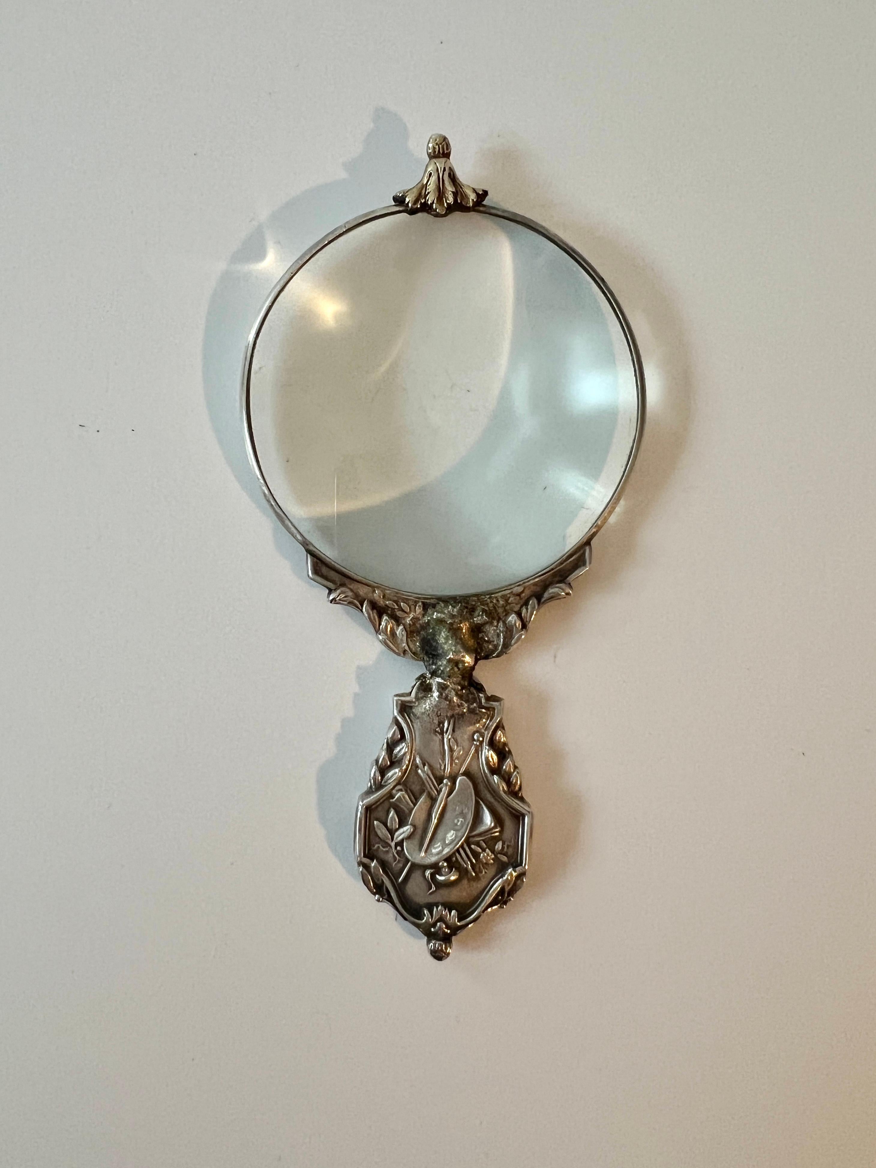 Pocket Magnifying Glass with Sterling Repoussé Handle Detail in Original Box In Good Condition In Los Angeles, CA