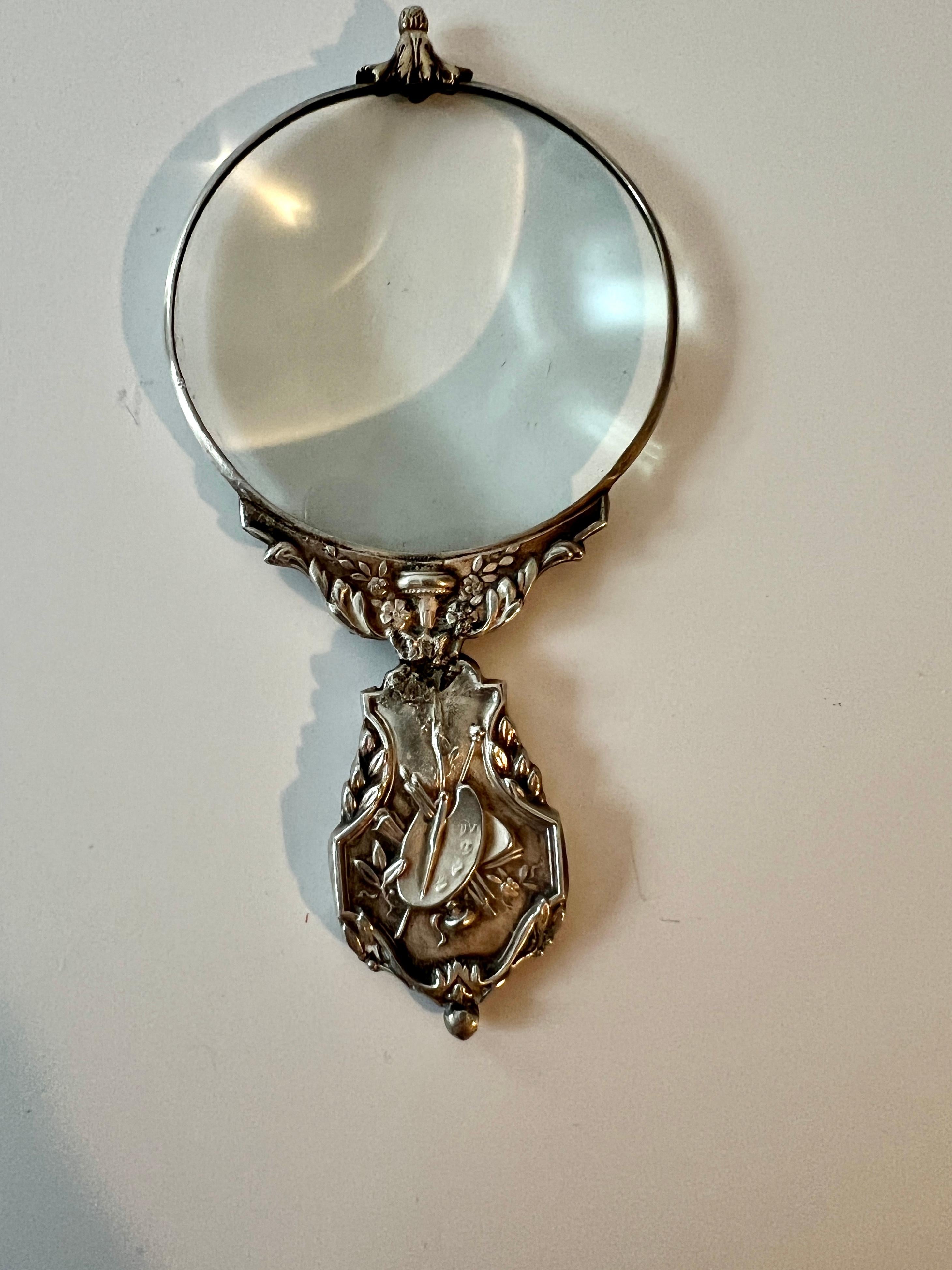 Pocket Magnifying Glass with Sterling Repoussé Handle Detail in Original Box 2