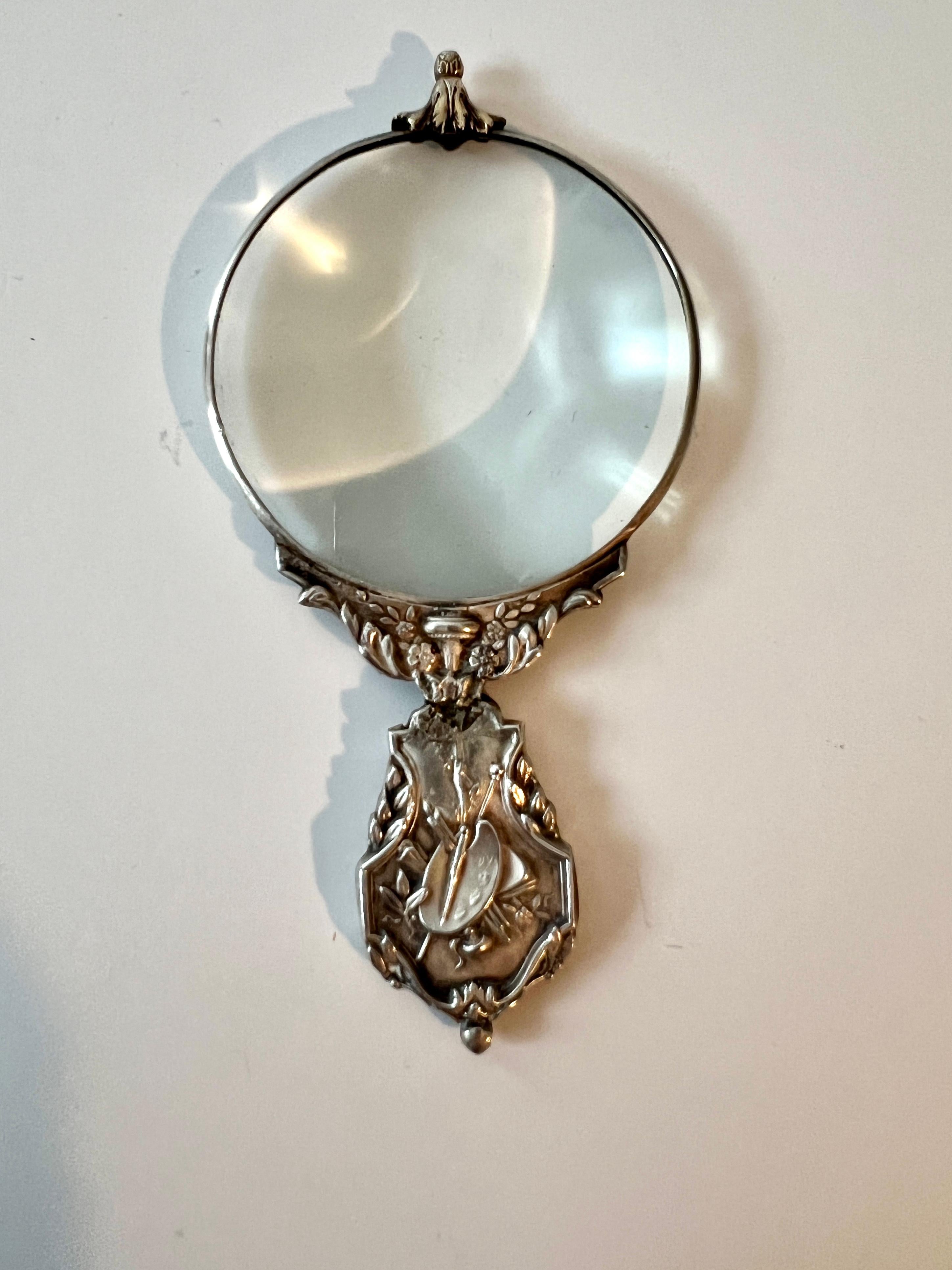 Pocket Magnifying Glass with Sterling Repoussé Handle Detail in Original Box 3