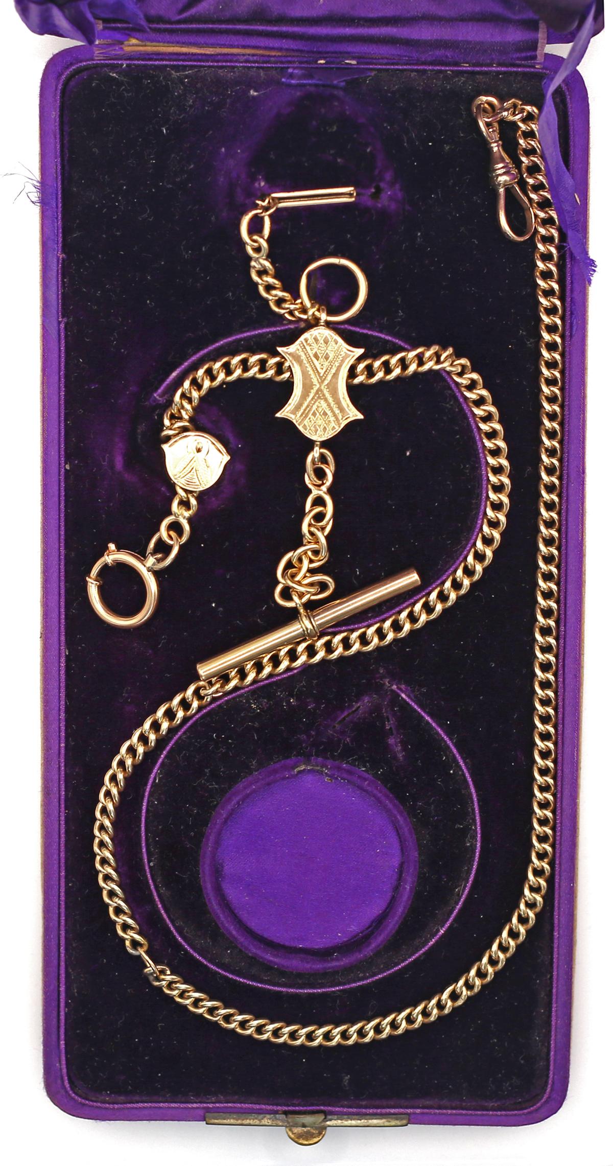 Pocket Watch Chain 56 Yellow Gold Purple Box, 1900 For Sale 14