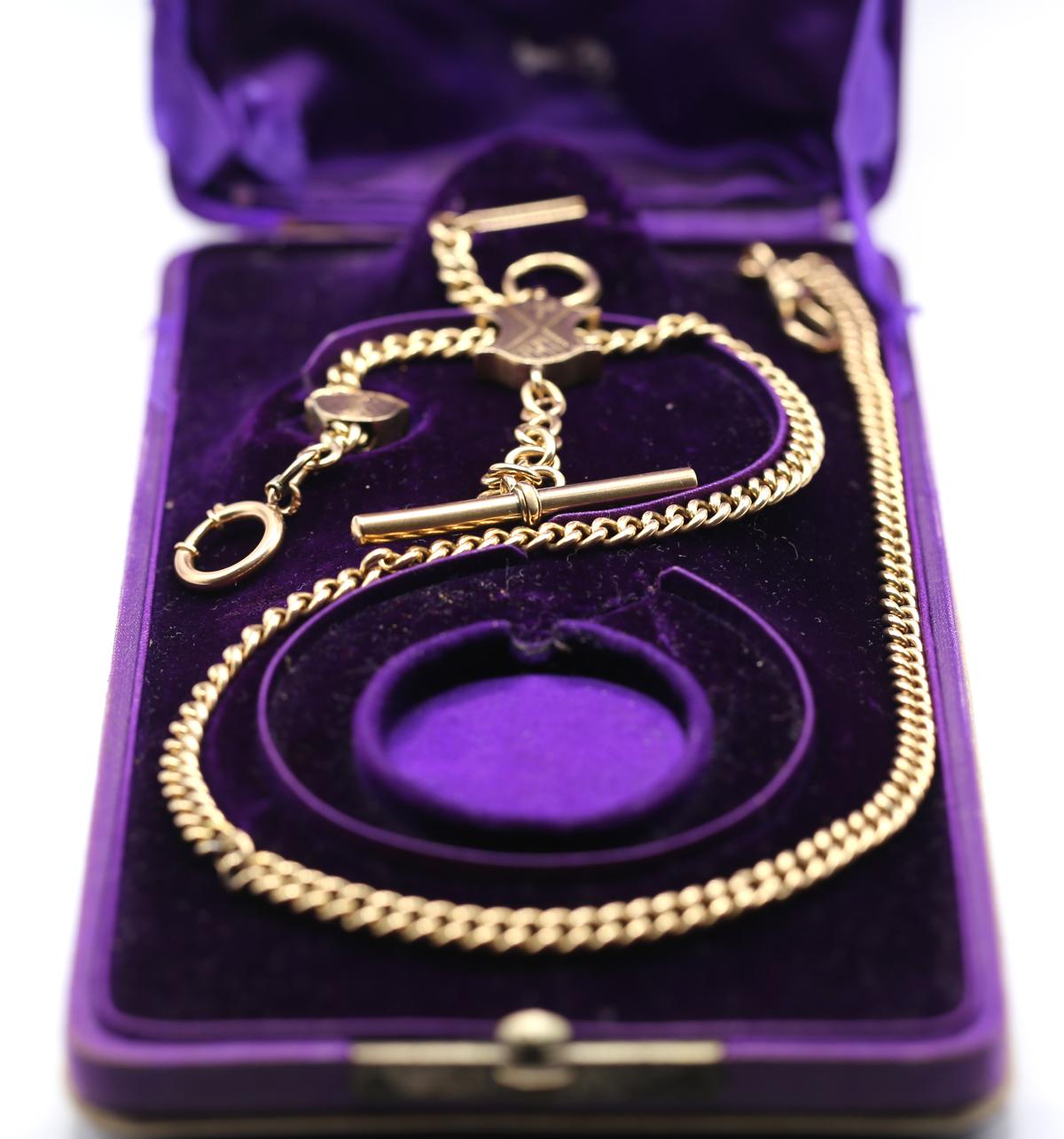 Art Deco Pocket Watch Chain 56 Yellow Gold Purple Box, 1900 For Sale