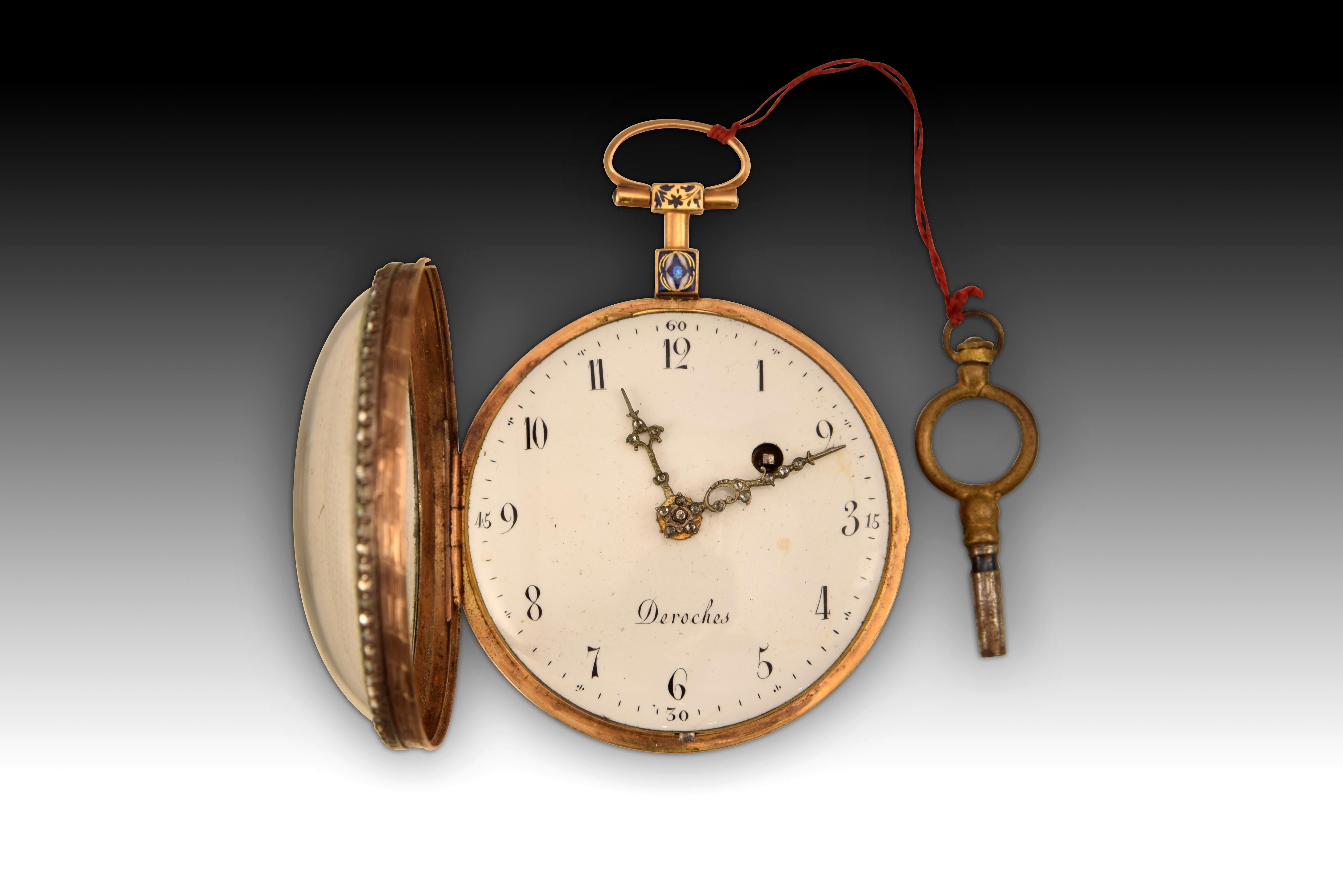 Neoclassical Pocket Watch, Deroches Brothers, Gilded Metal, Enamels, Etc. P Late 18th Century For Sale