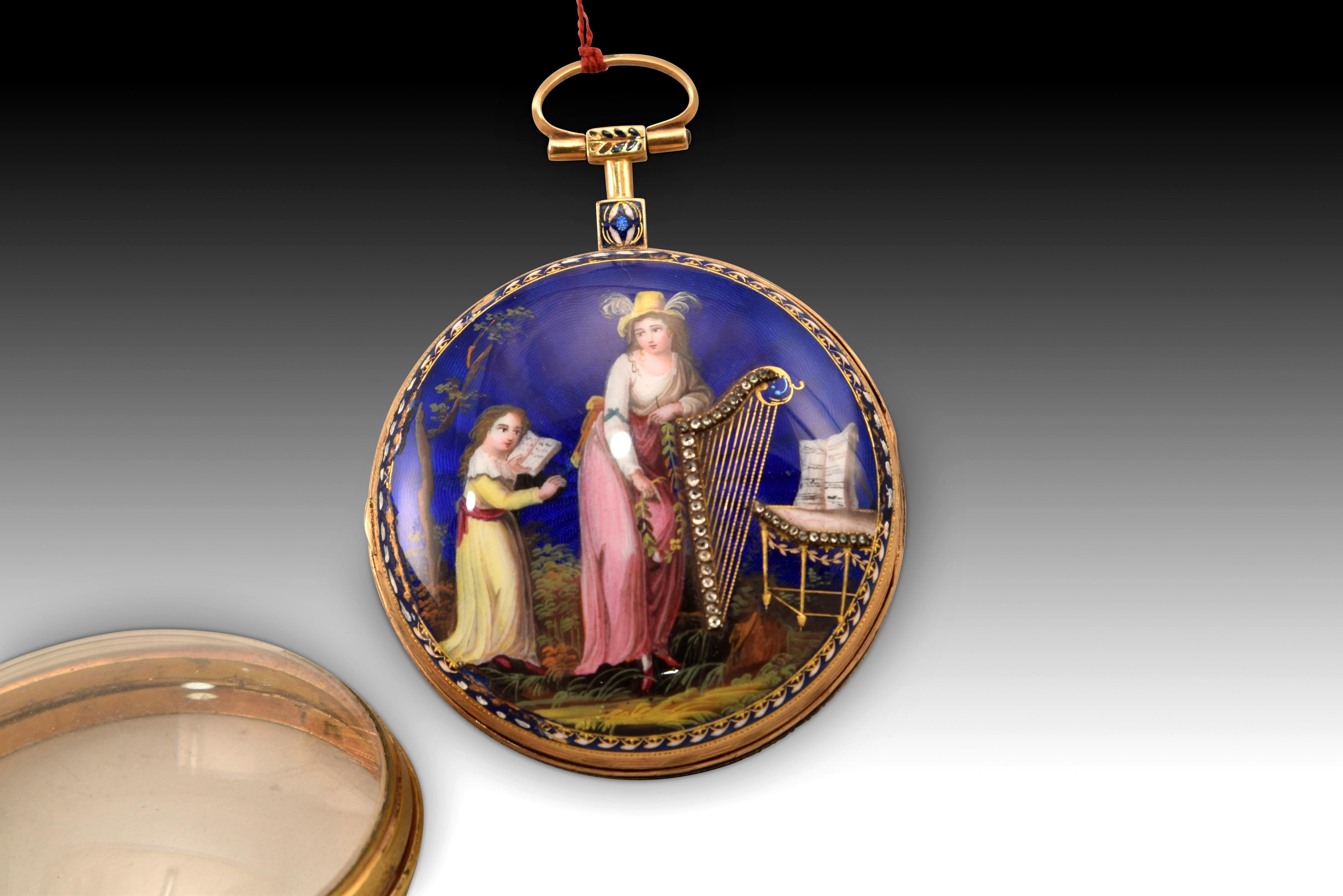 European Pocket Watch, Deroches Brothers, Gilded Metal, Enamels, Etc. P Late 18th Century For Sale