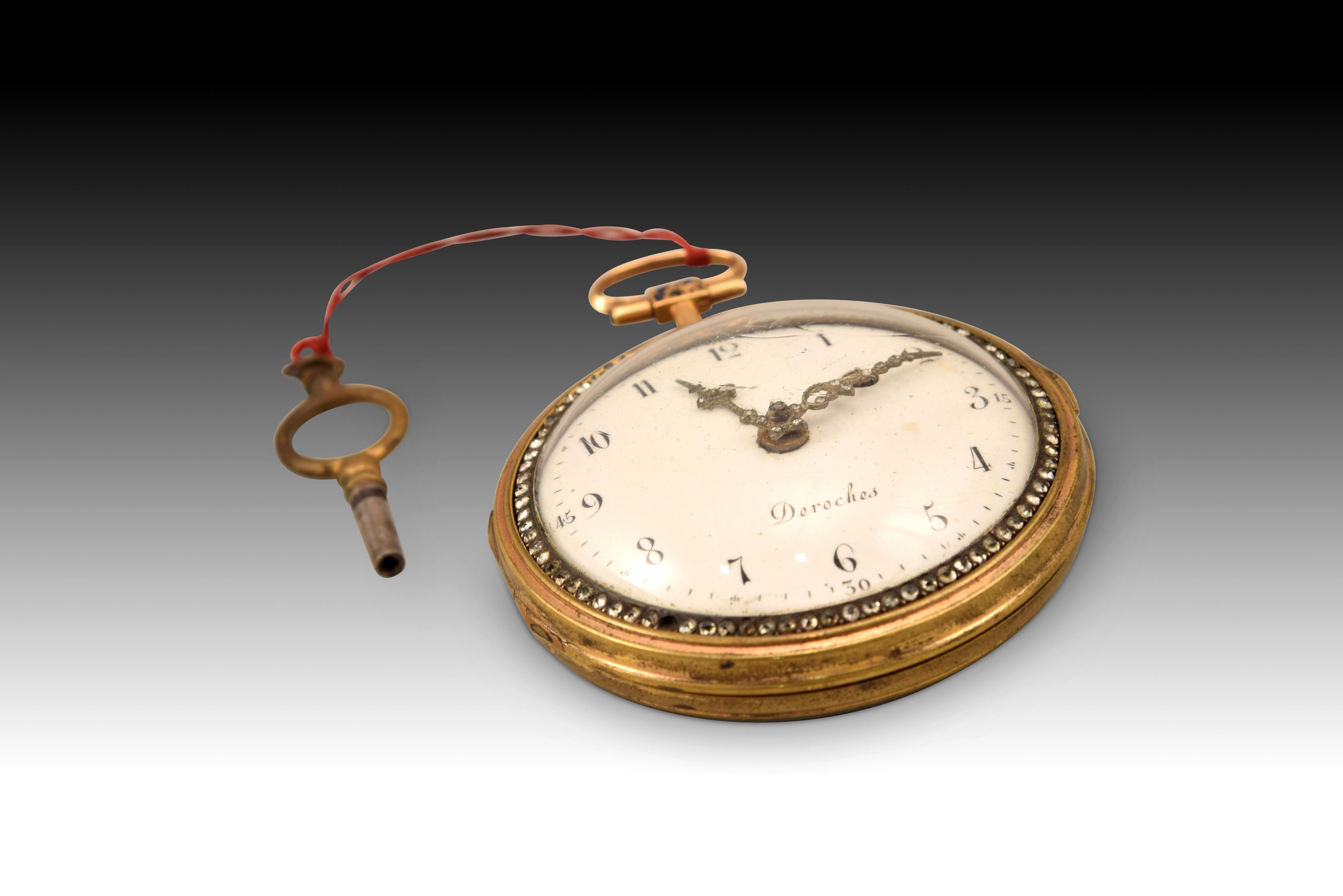 Pocket Watch, Deroches Brothers, Gilded Metal, Enamels, Etc. P Late 18th Century In Fair Condition For Sale In Madrid, ES