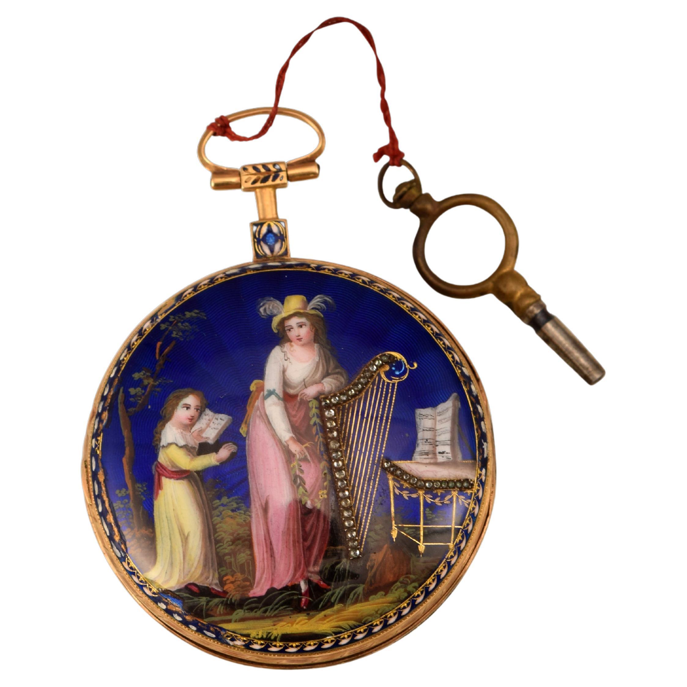 Pocket Watch, Deroches Brothers, Gilded Metal, Enamels, Etc. P Late 18th Century For Sale