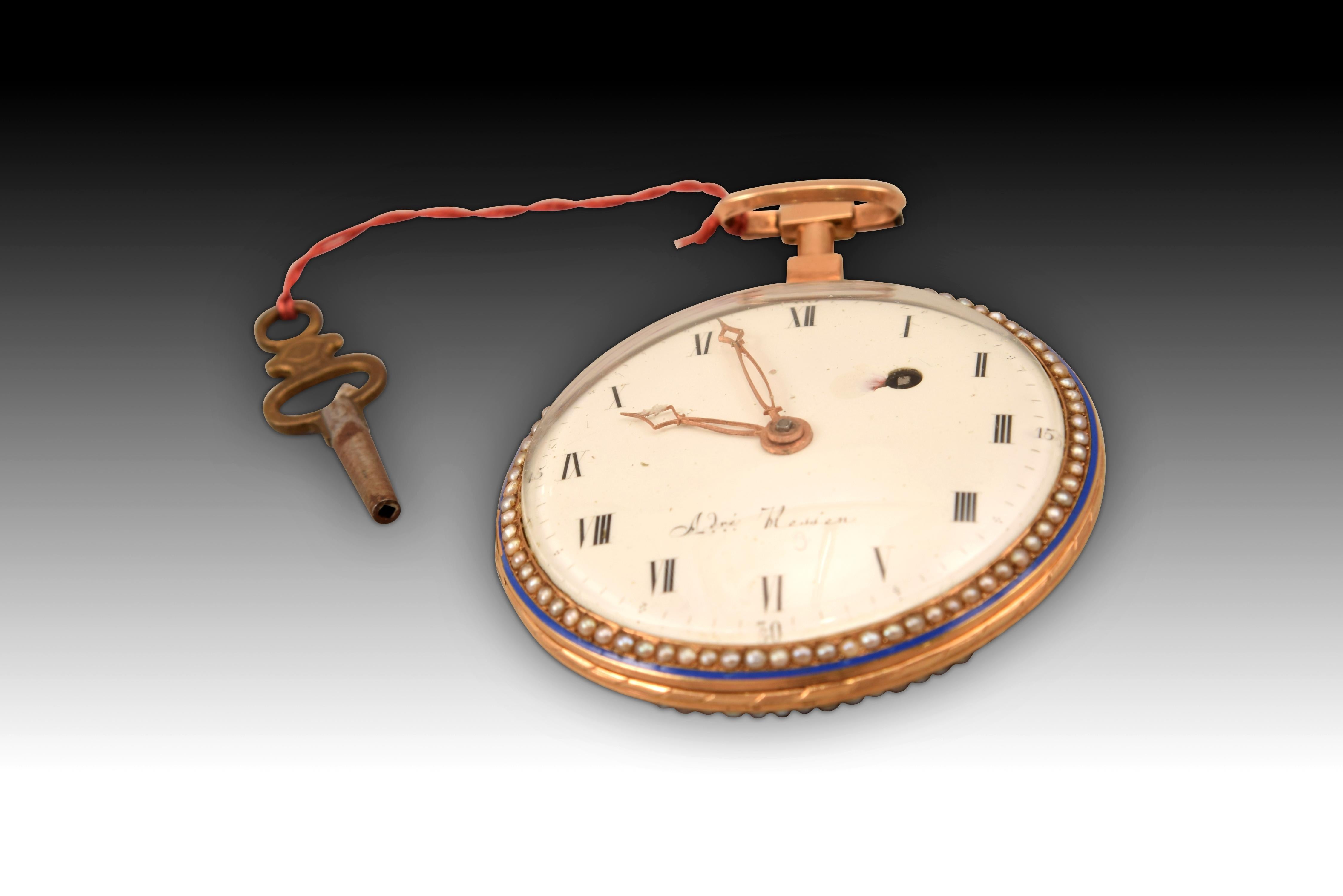 Neoclassical Pocket Watch, Engraved André Hessen. Gold, Enamel, Paris, France, Ca 18th C For Sale