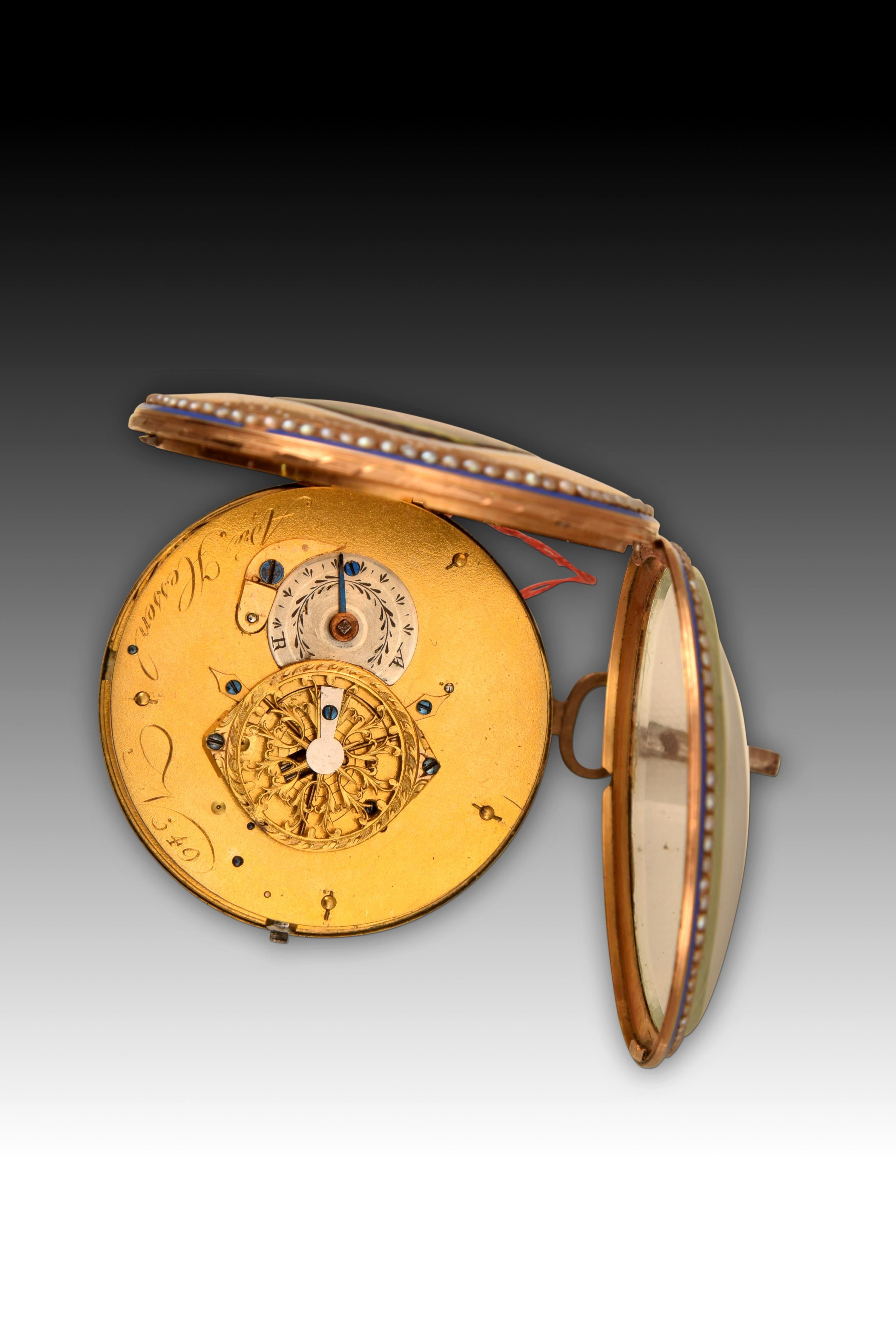Pocket Watch, Engraved André Hessen. Gold, Enamel, Paris, France, Ca 18th C In Fair Condition For Sale In Madrid, ES